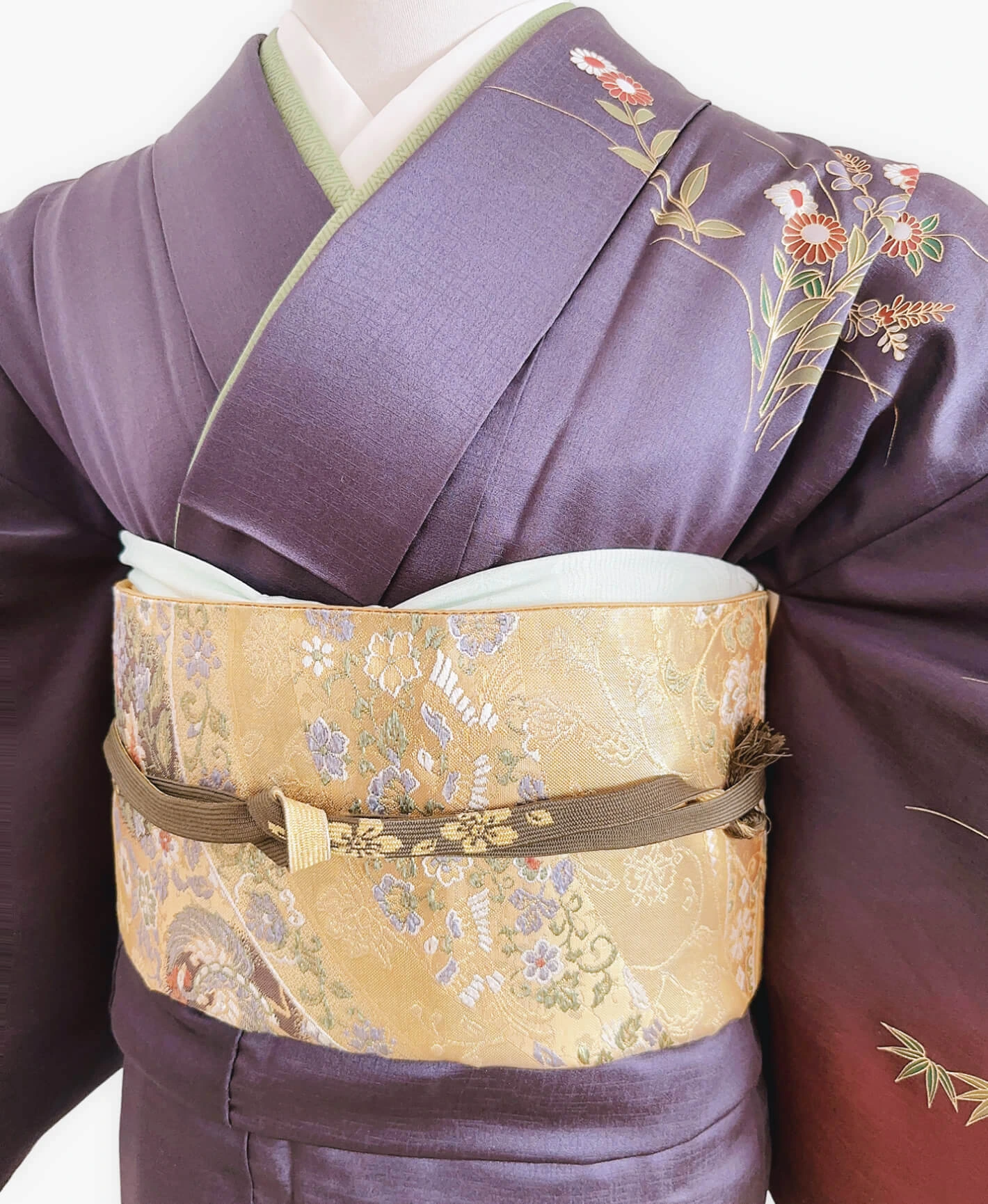 濃鼠 紫系 暈し染め 駒刺繍 金彩 扇面 花草 青海波 流水 訪問着レンタル - 画像 3
