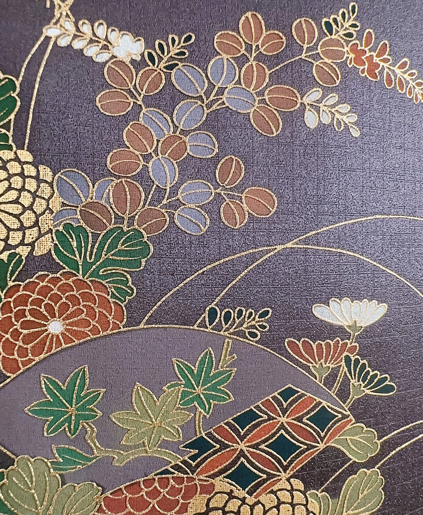 濃鼠 紫系 暈し染め 駒刺繍 金彩 扇面 花草 青海波 流水 訪問着レンタル - 画像 7
