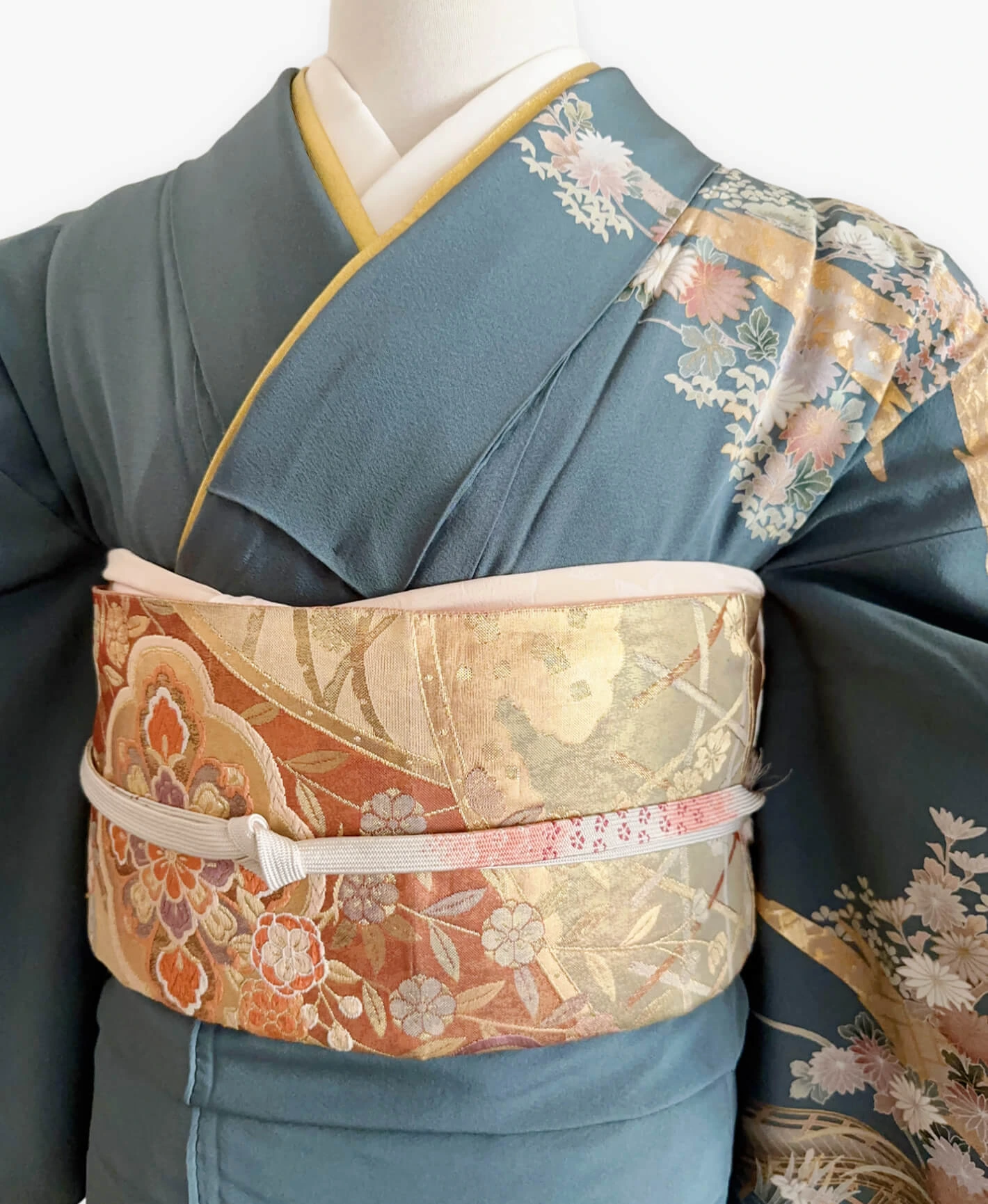 藍色 青系 駒刺繍 金彩 牡丹 松 風景 訪問着レンタル - 画像 3