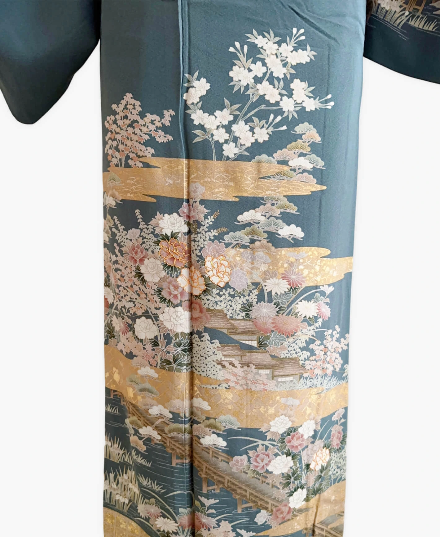藍色 青系 駒刺繍 金彩 牡丹 松 風景 訪問着レンタル - 画像 5
