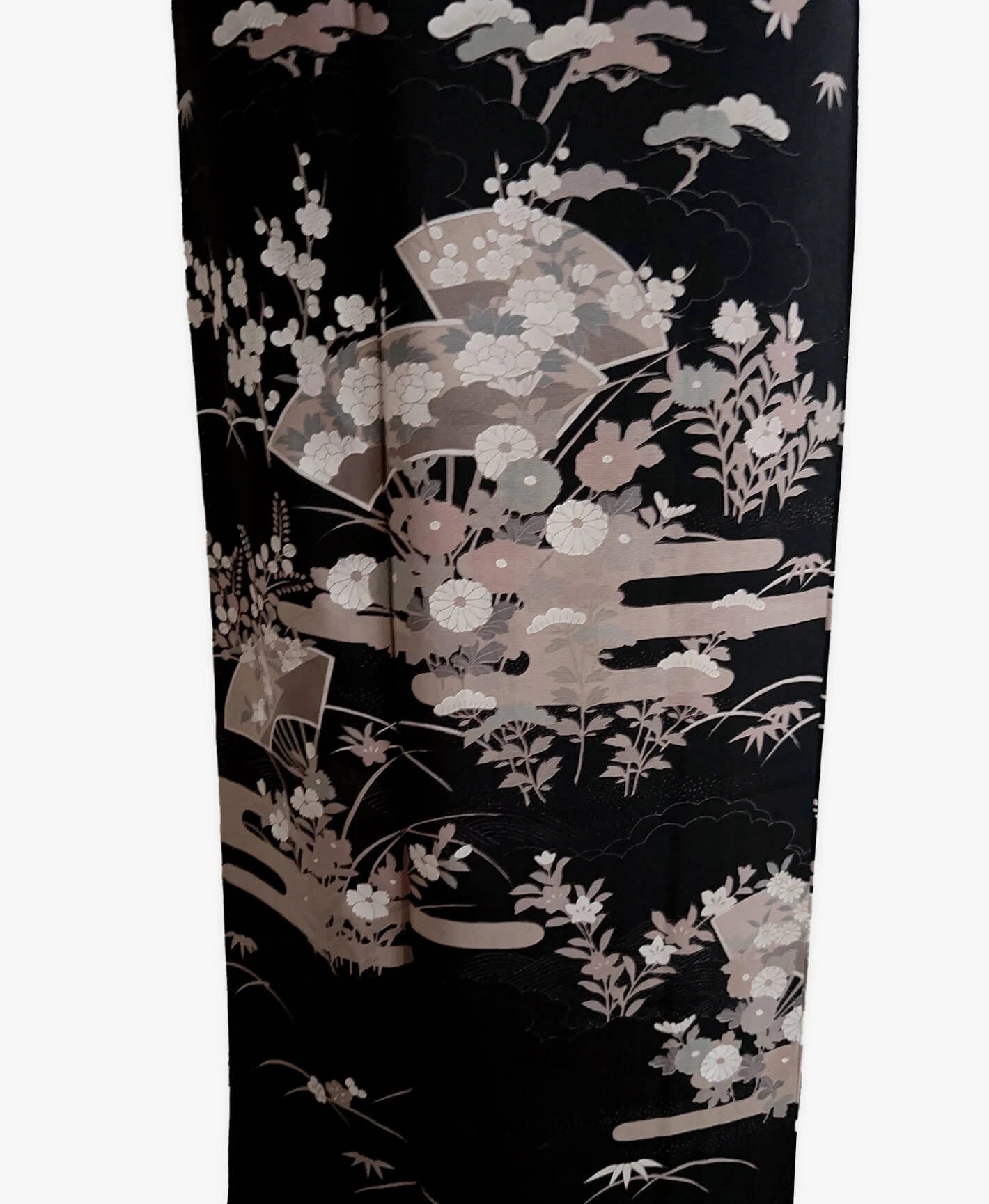 濡羽色 黒系 型染め 扇面 花草 絵が炭 ヱ霞 訪問着レンタル - 画像 5