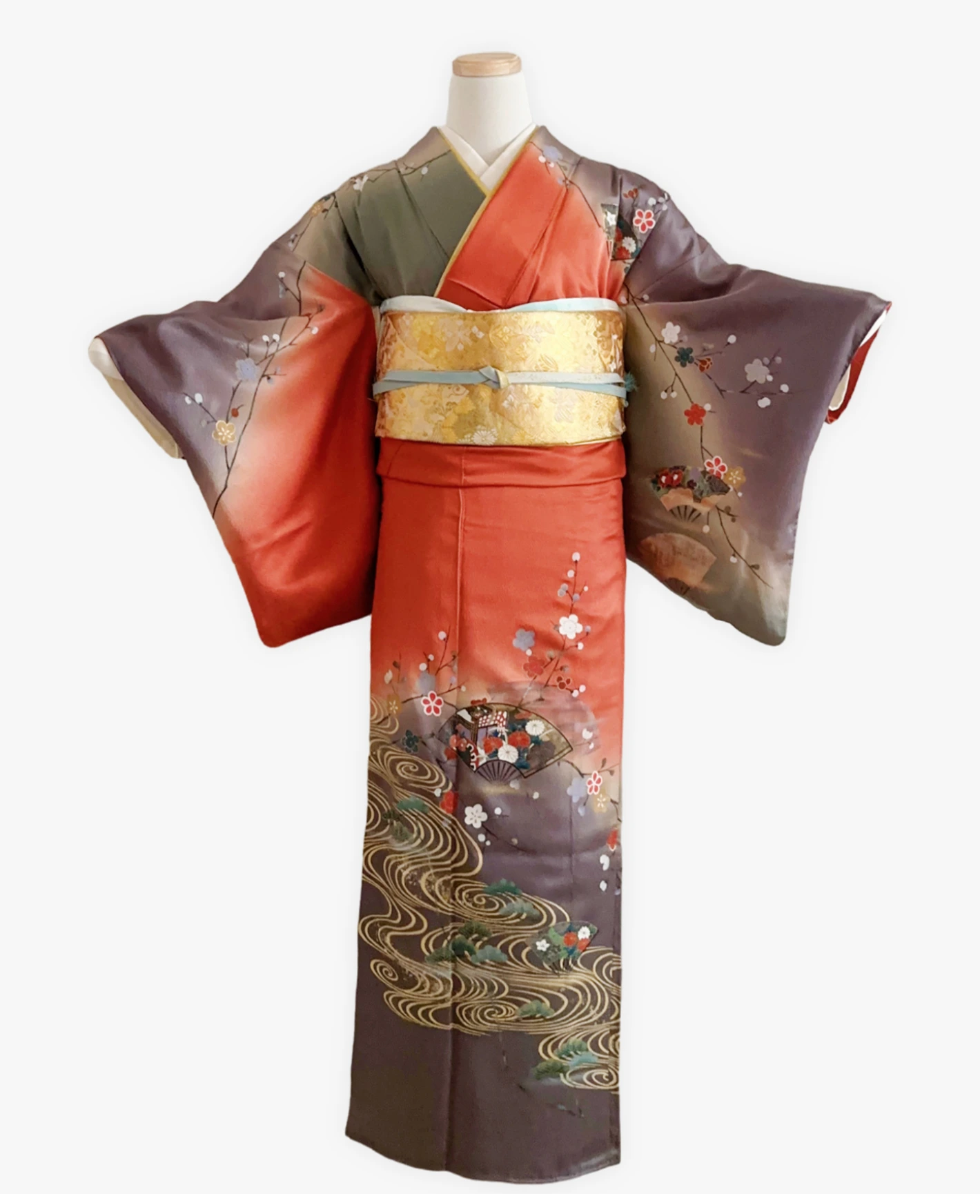 代赭 橙系 暈し染め 金彩 觀世水 花車 訪問着レンタル - 画像 1