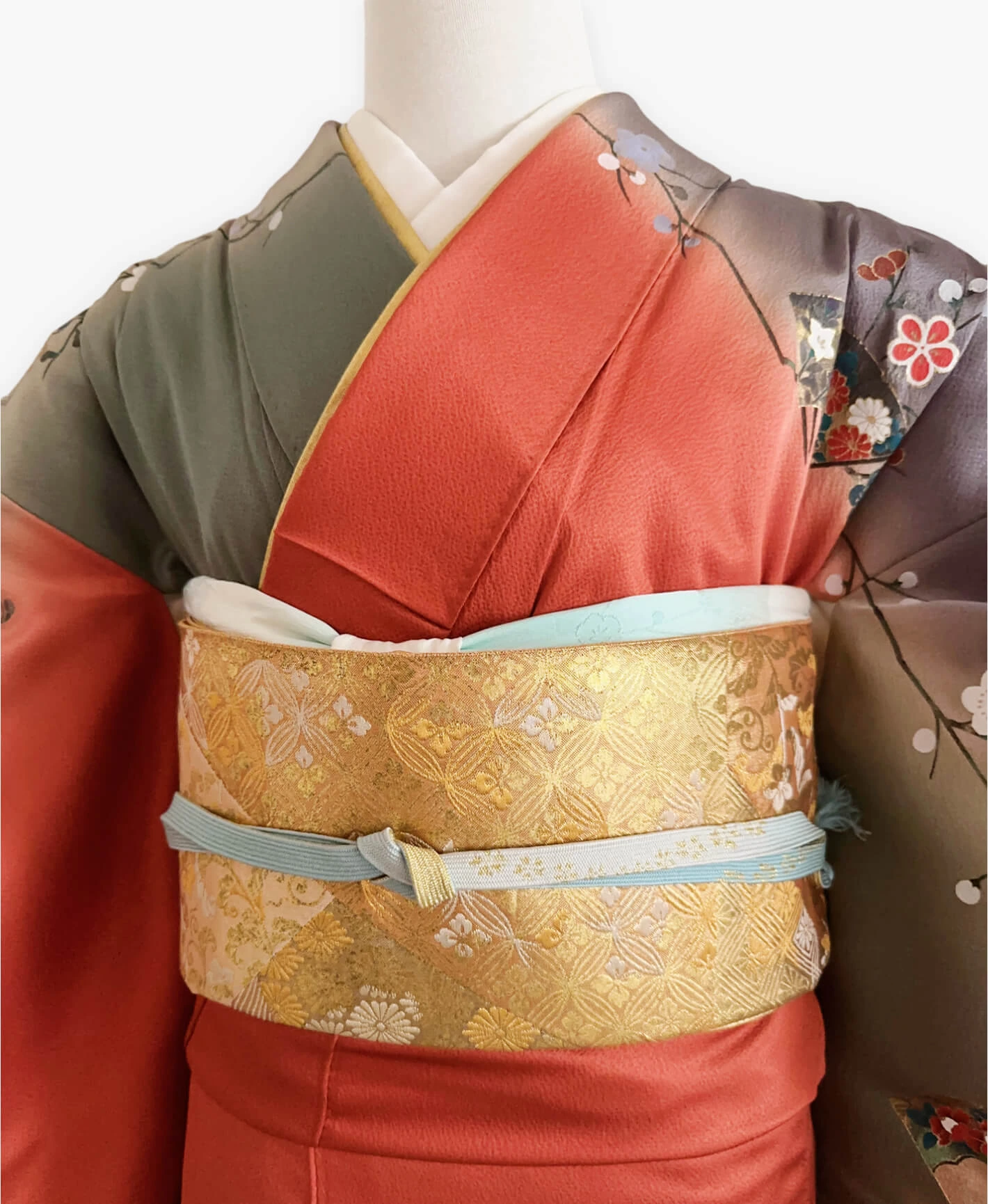 代赭 橙系 暈し染め 金彩 觀世水 花車 訪問着レンタル - 画像 3