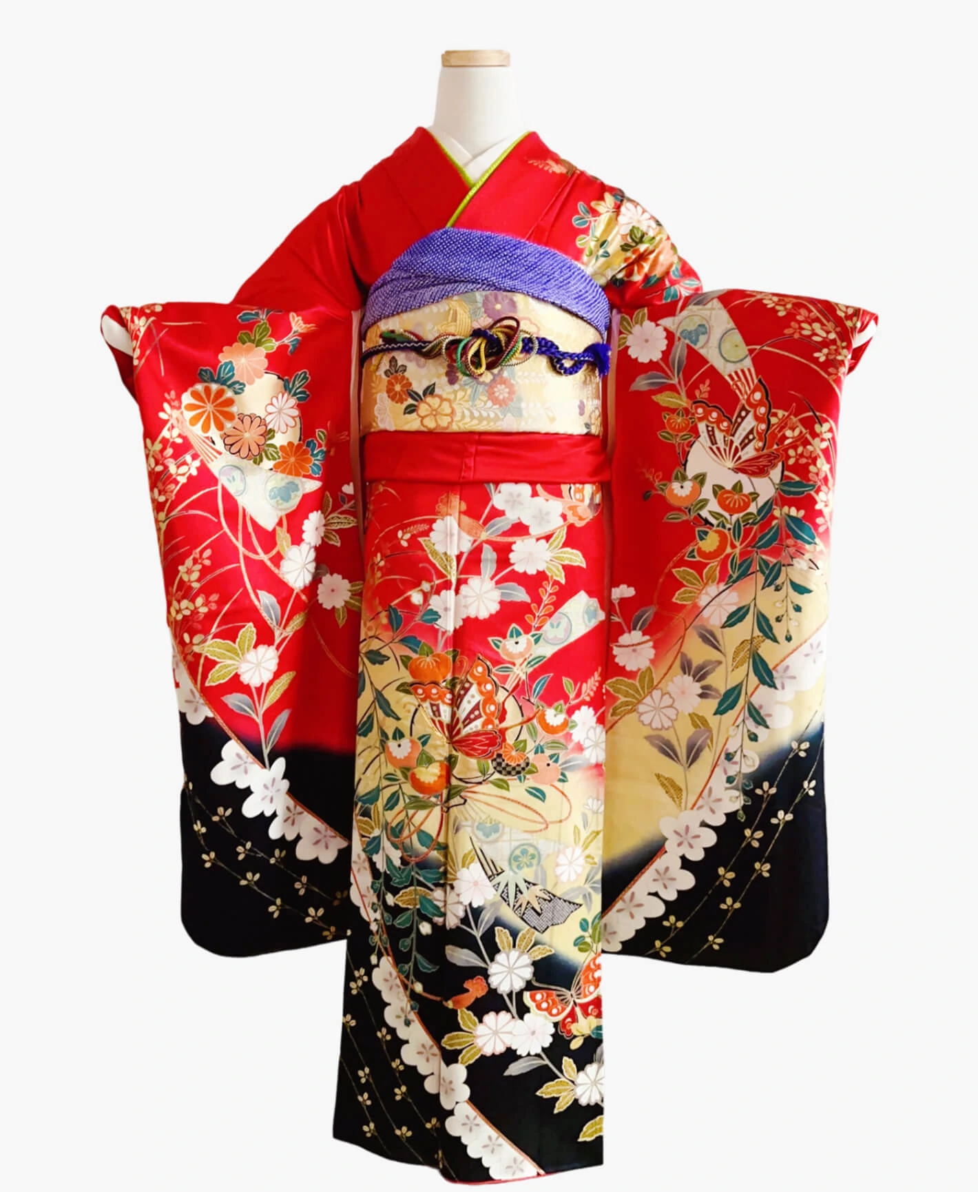 深緋色 赤系 駒刺繍 金彩 櫻 橘 草花文 振袖 - 画像 1