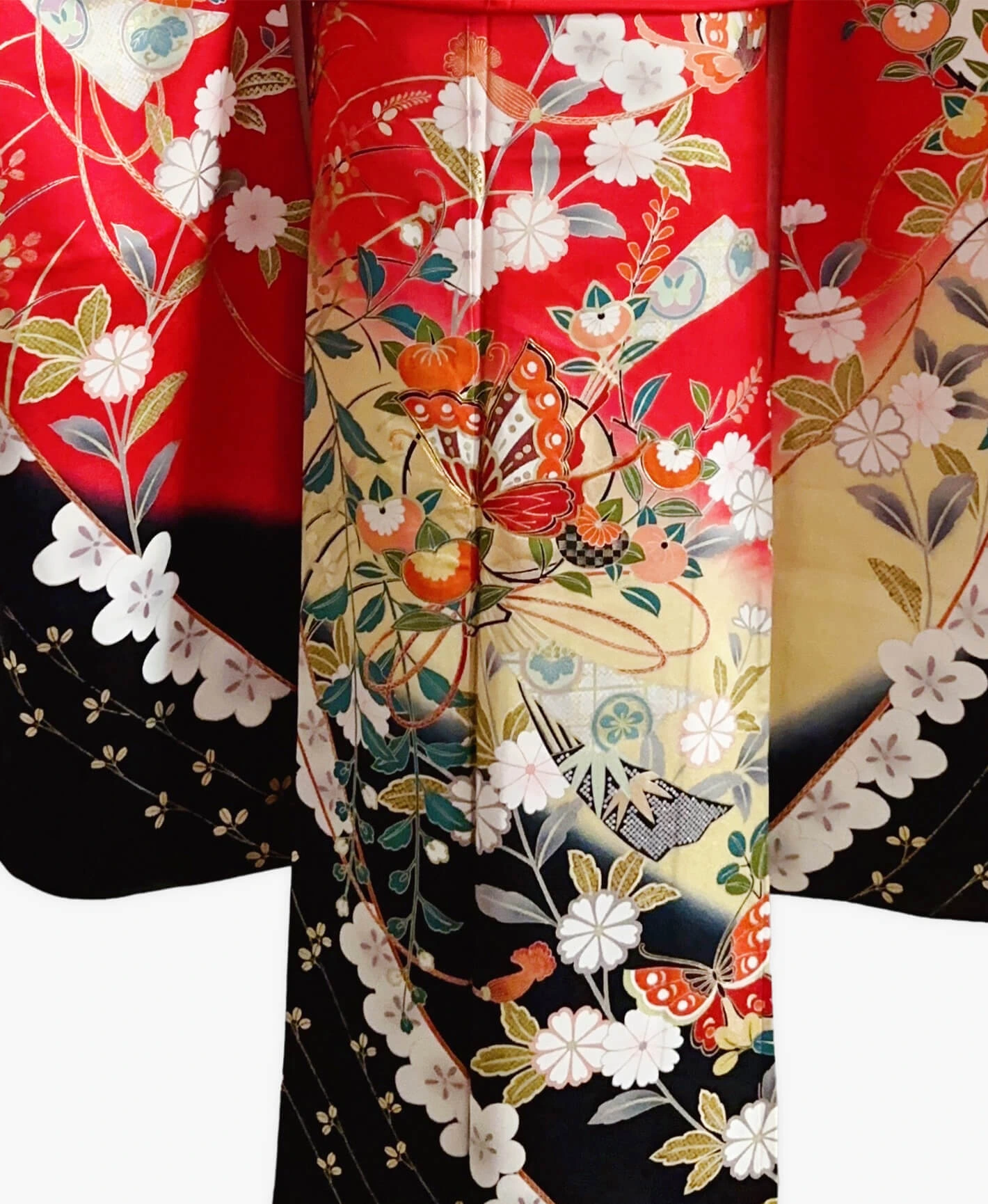 深緋色 赤系 駒刺繍 金彩 櫻 橘 草花文 振袖 - 画像 5