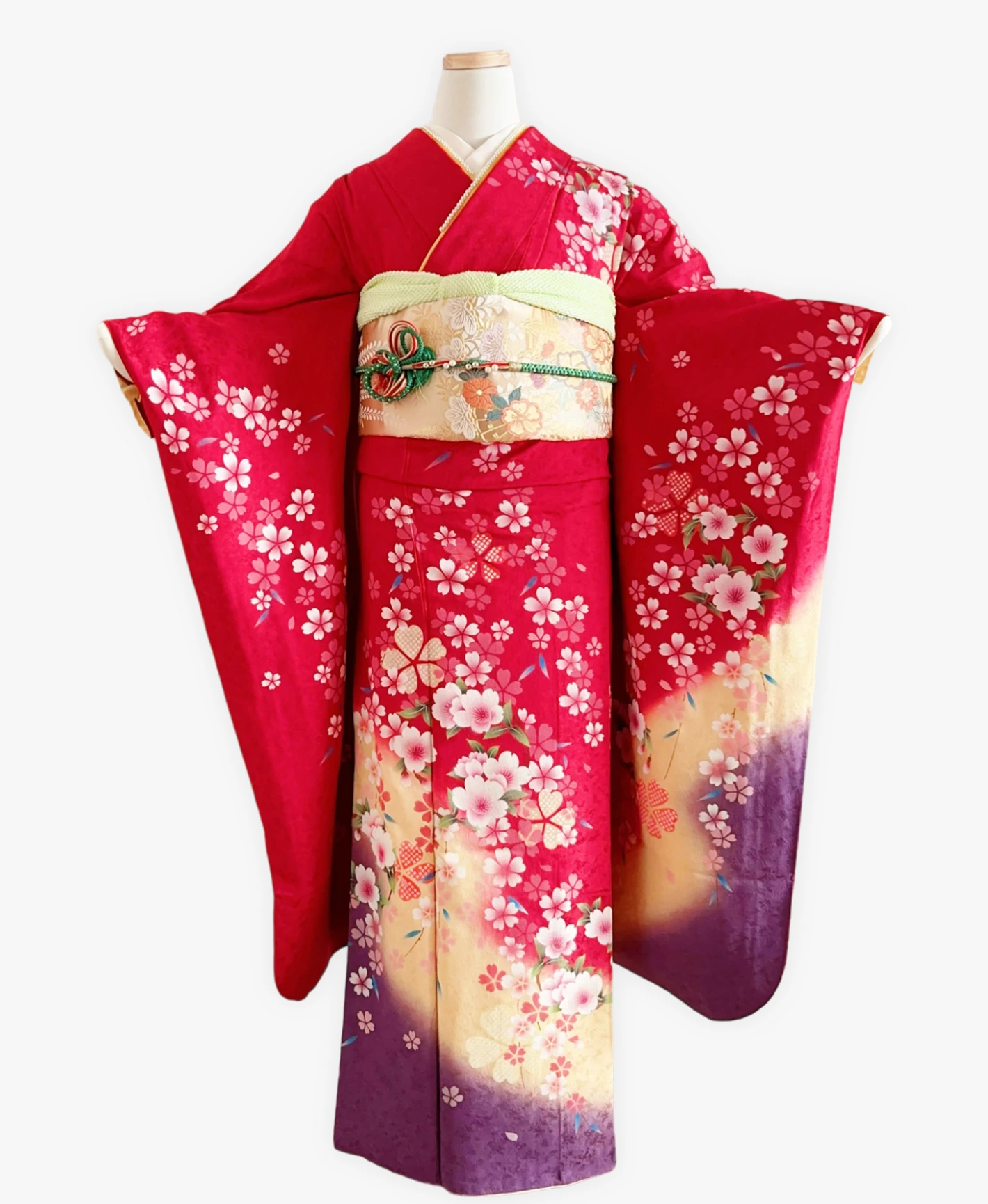 紅 赤系 暈し染め 手描き 桜吹雪 振袖レンタル - 画像 1