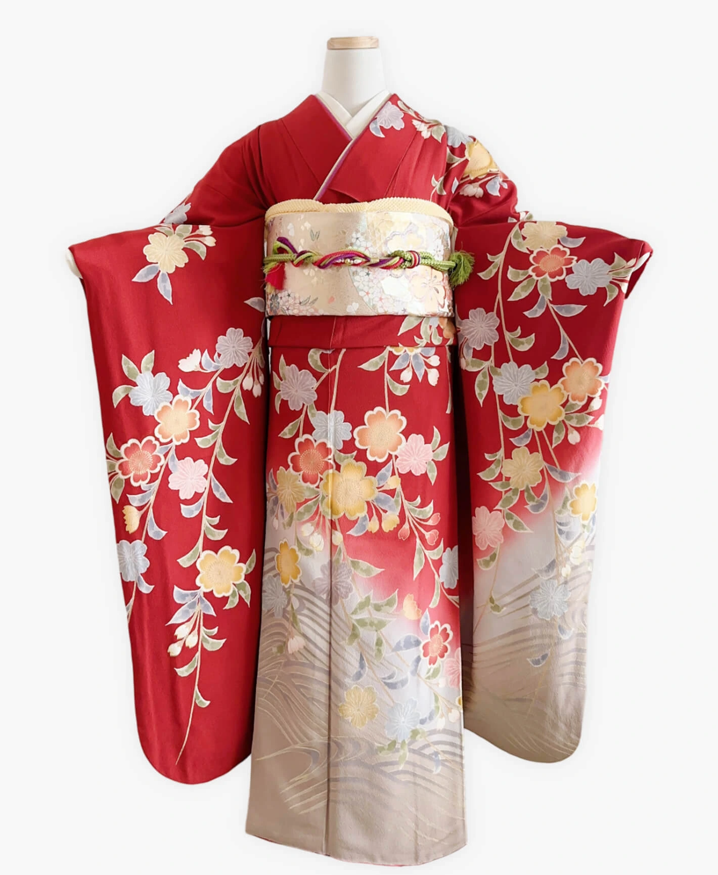 朱緋 赤系 暈し染め 手描き 枝垂れ桜 振袖レンタル - 画像 1
