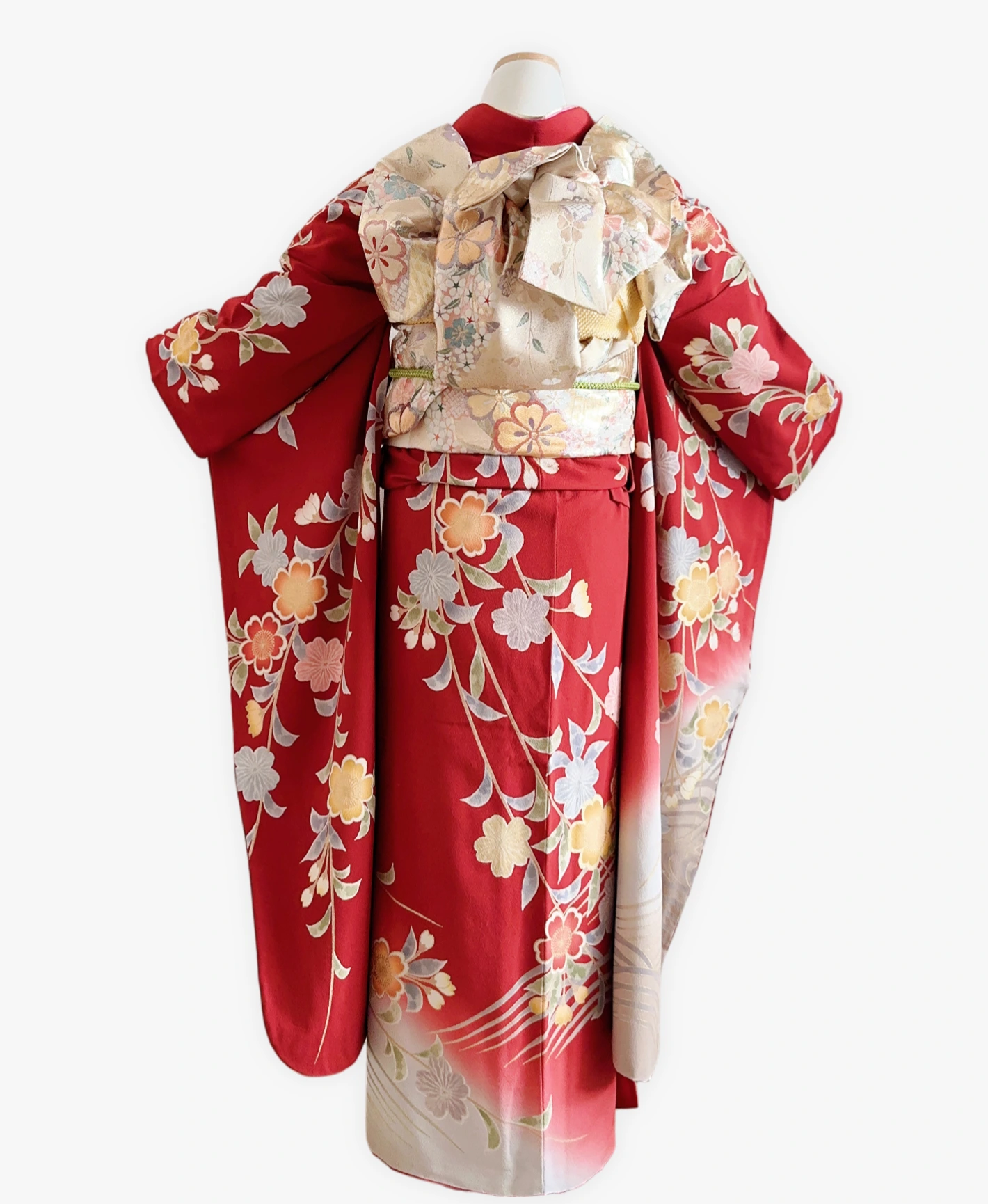 朱緋 赤系 暈し染め 手描き 枝垂れ桜 振袖レンタル - 画像 2