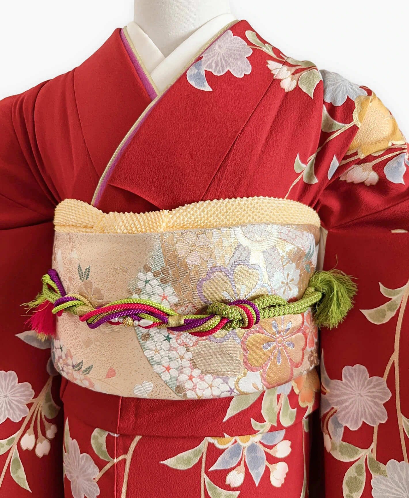 朱緋 赤系 暈し染め 手描き 枝垂れ桜 振袖レンタル - 画像 3