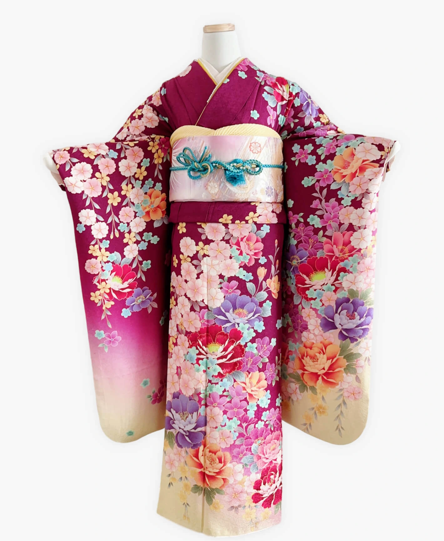 中紅 赤紫系 暈し染め 牡丹 桜 百花繚亂 振袖レンタル - 画像 1
