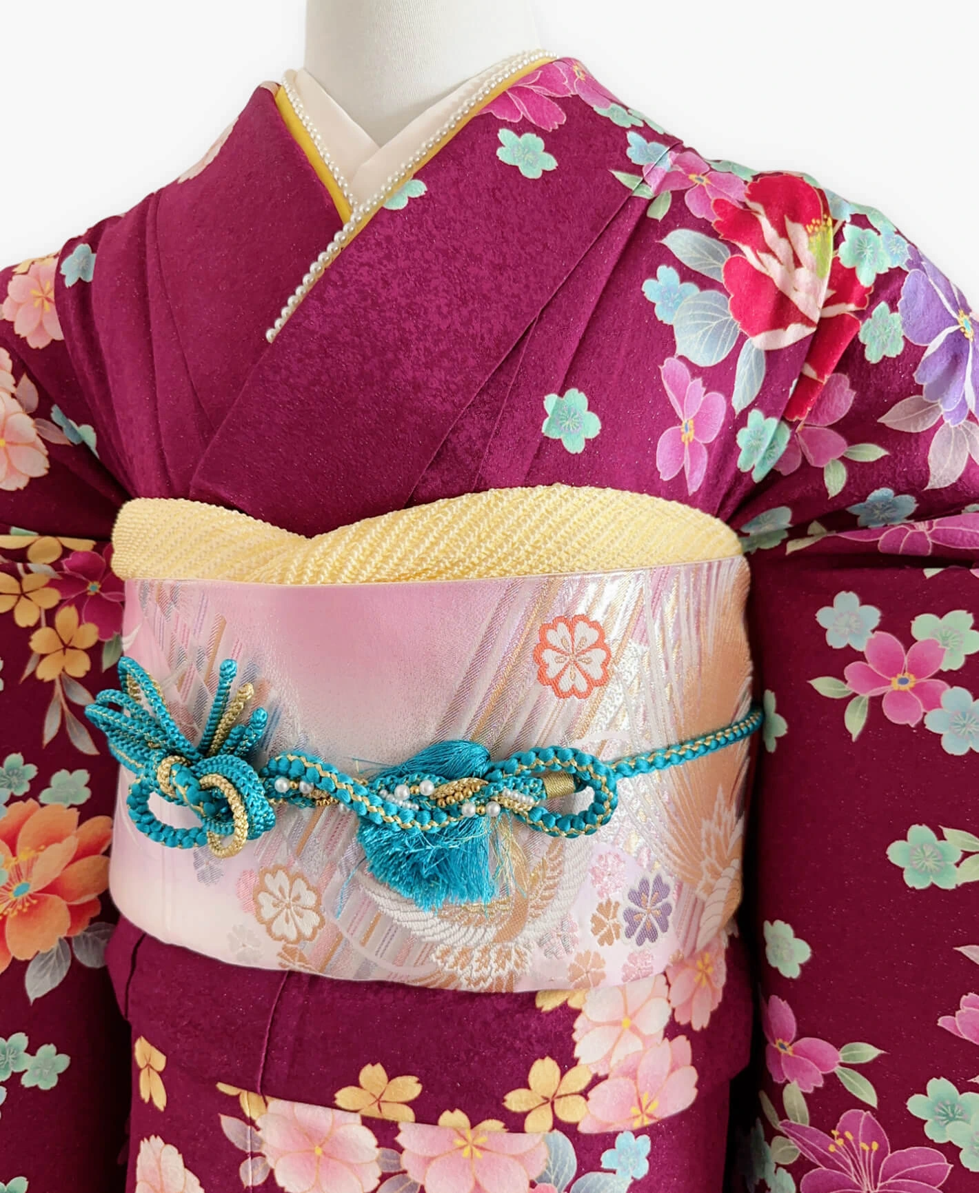 中紅 赤紫系 暈し染め 牡丹 桜 百花繚亂 振袖レンタル - 画像 3