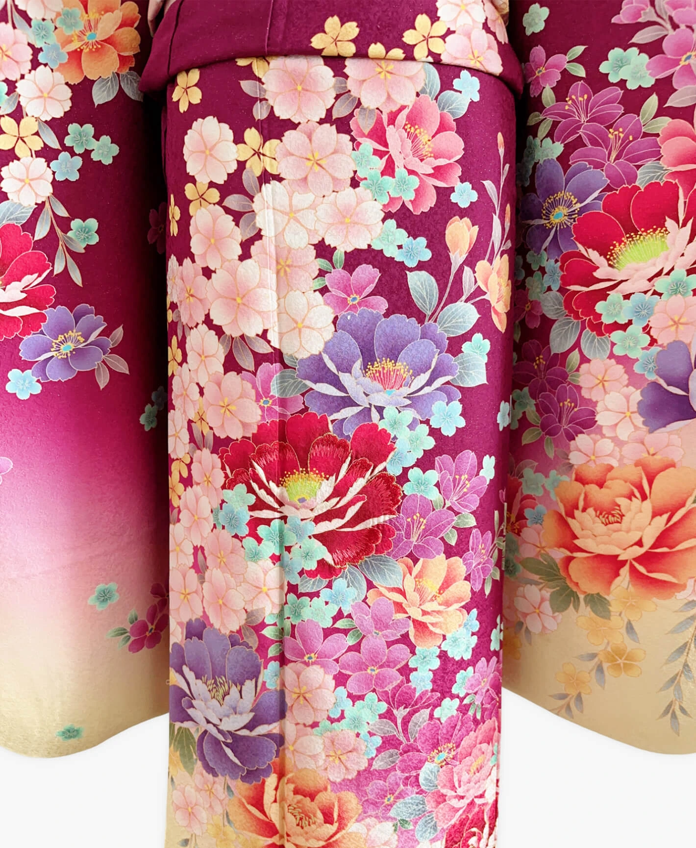 中紅 赤紫系 暈し染め 牡丹 桜 百花繚亂 振袖レンタル - 画像 5