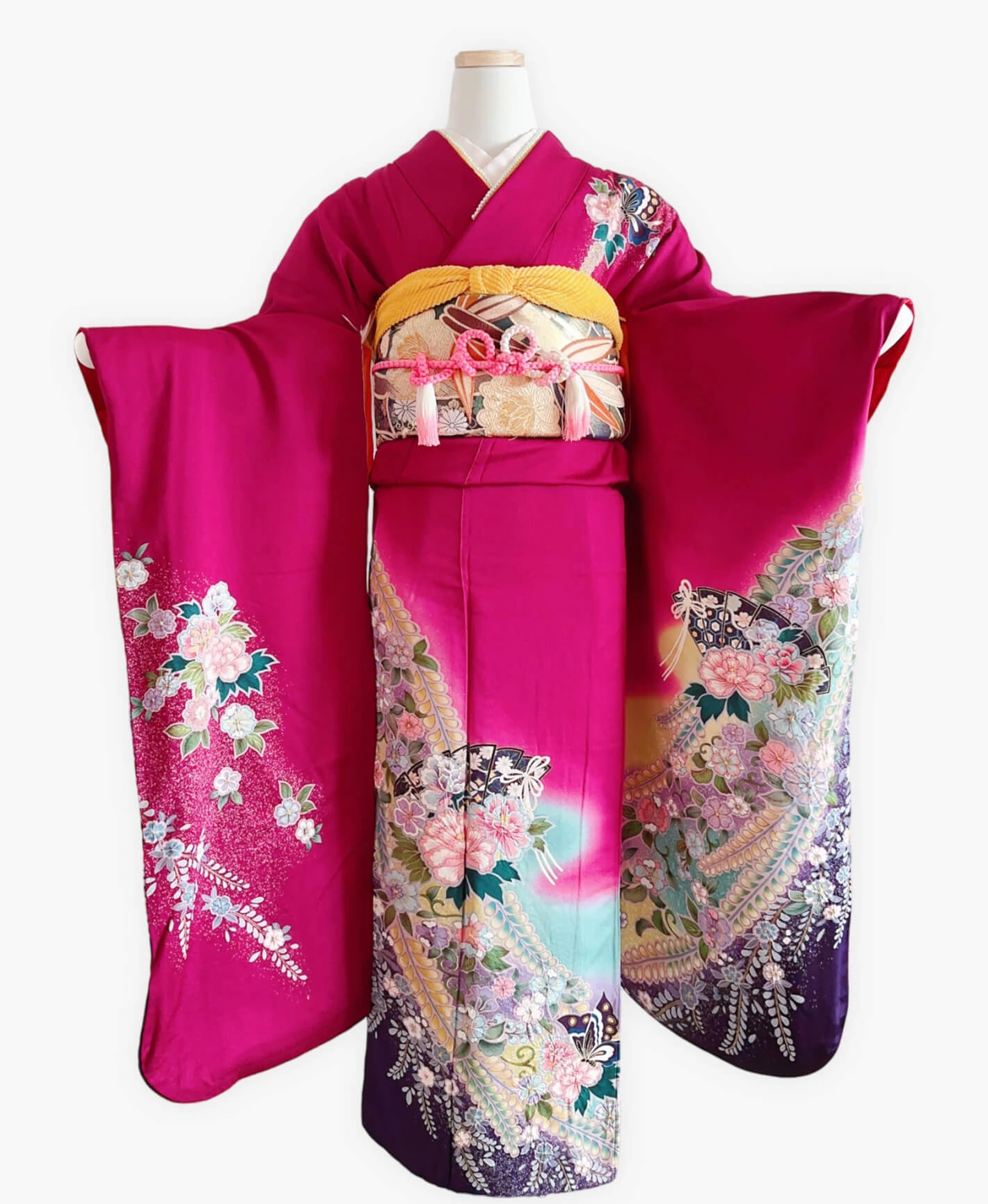 躑躅色 赤紫系 暈し染め 絞り 辻が花 蝶 檜扇 振袖レンタル