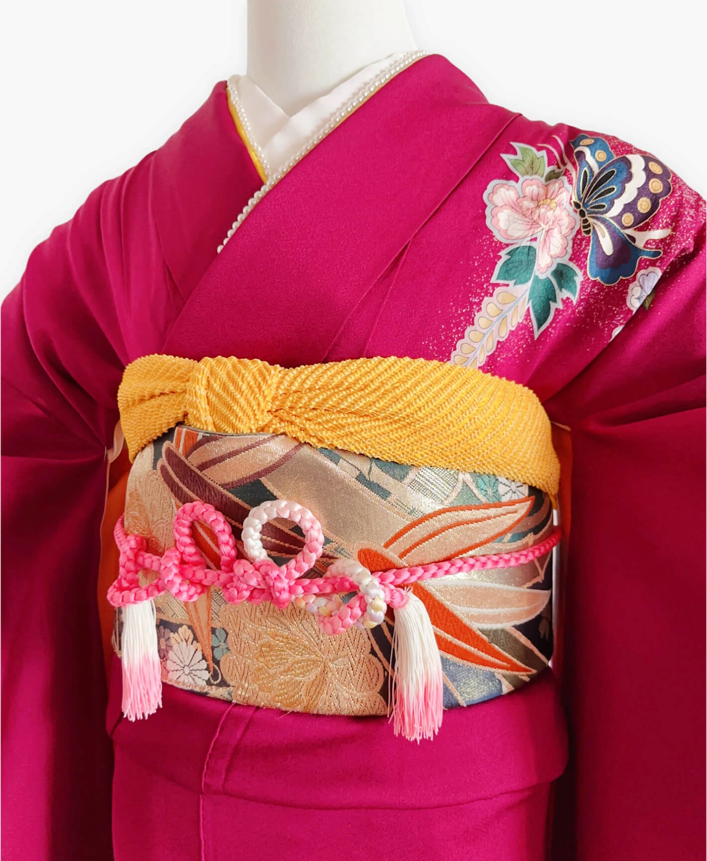 躑躅色 赤紫系 暈し染め 絞り 辻が花 蝶 檜扇 振袖レンタル - 画像 3