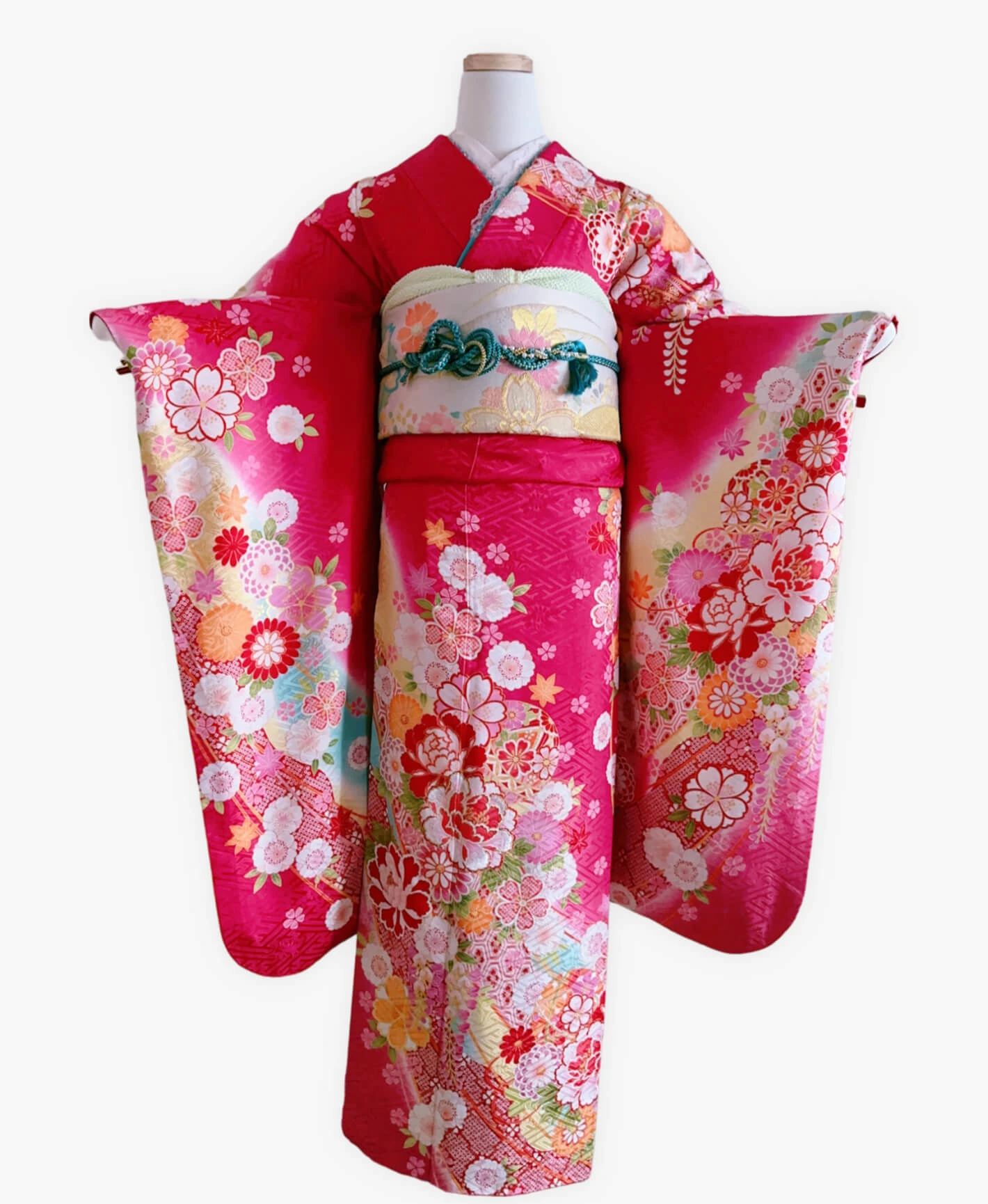 躑躅色 赤紫系 暈し染め 金彩 牡丹 手鞠 百花繚亂 振袖レンタル - 画像 1