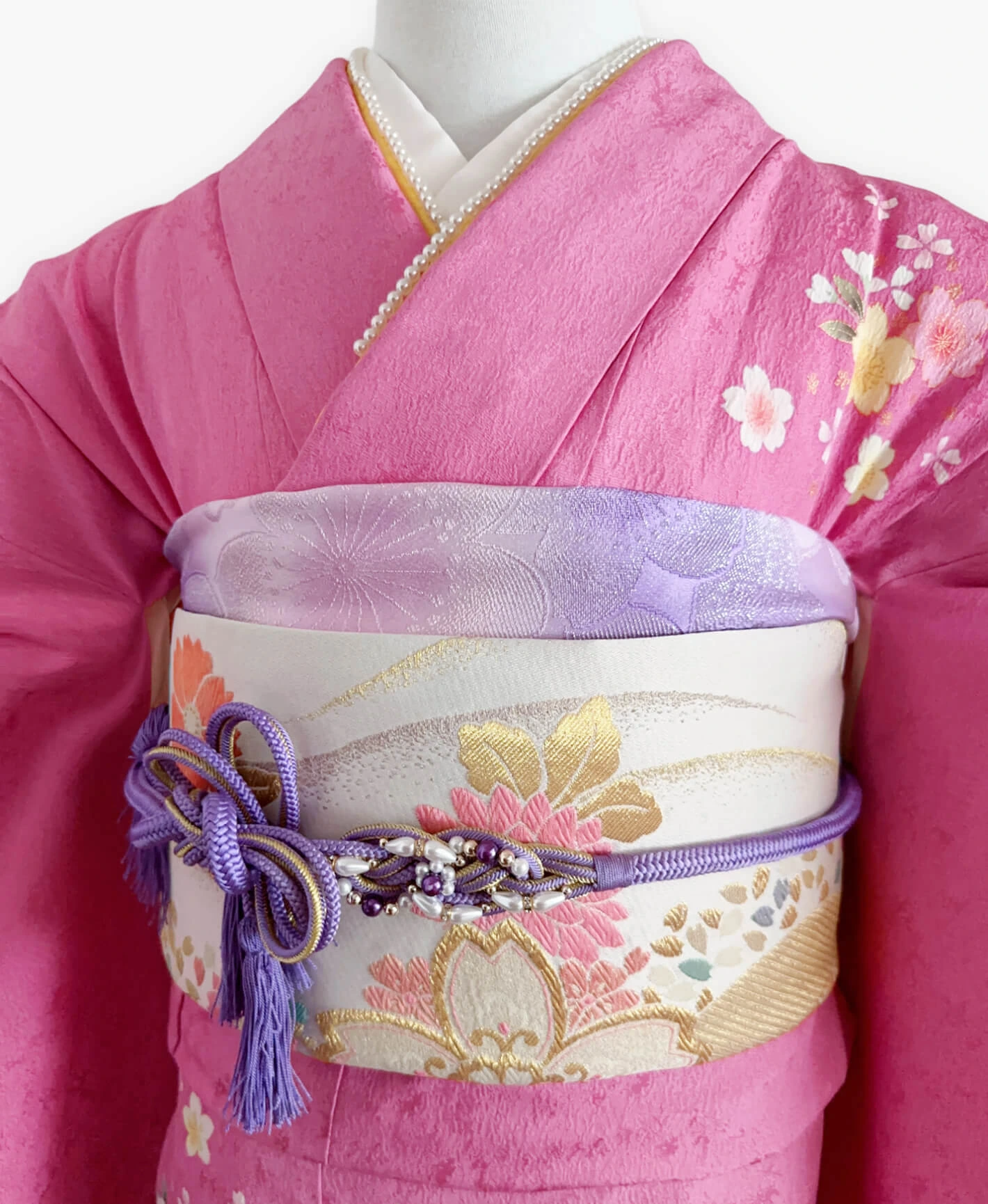 桃花色 ピンク系 暈し染め 手描き 桜吹雪 手鞠 振袖レンタル - 画像 3