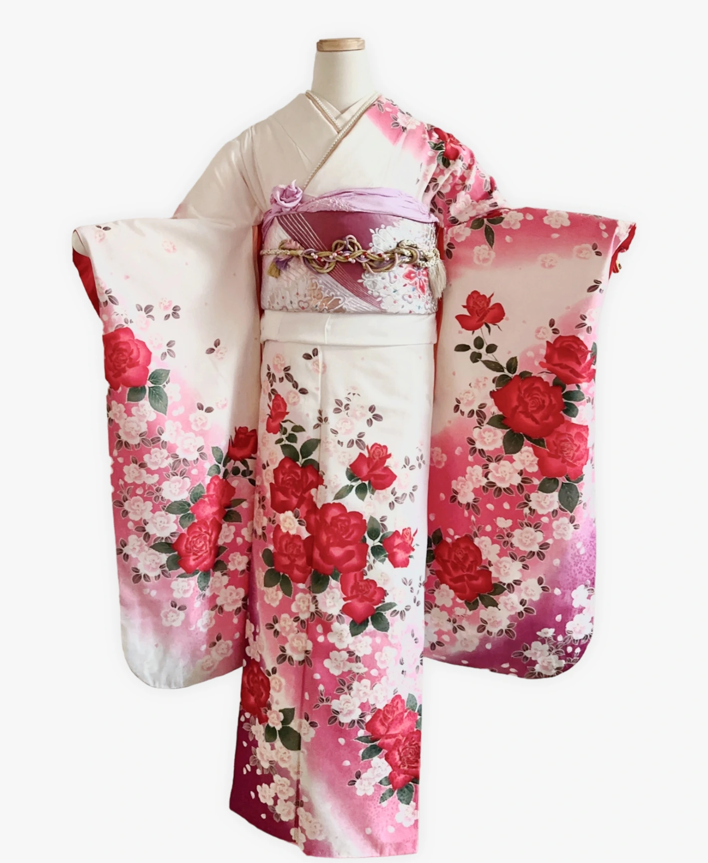 白色 ピンク系 暈し染め 薔薇 花吹雪 振袖レンタル - 画像 1