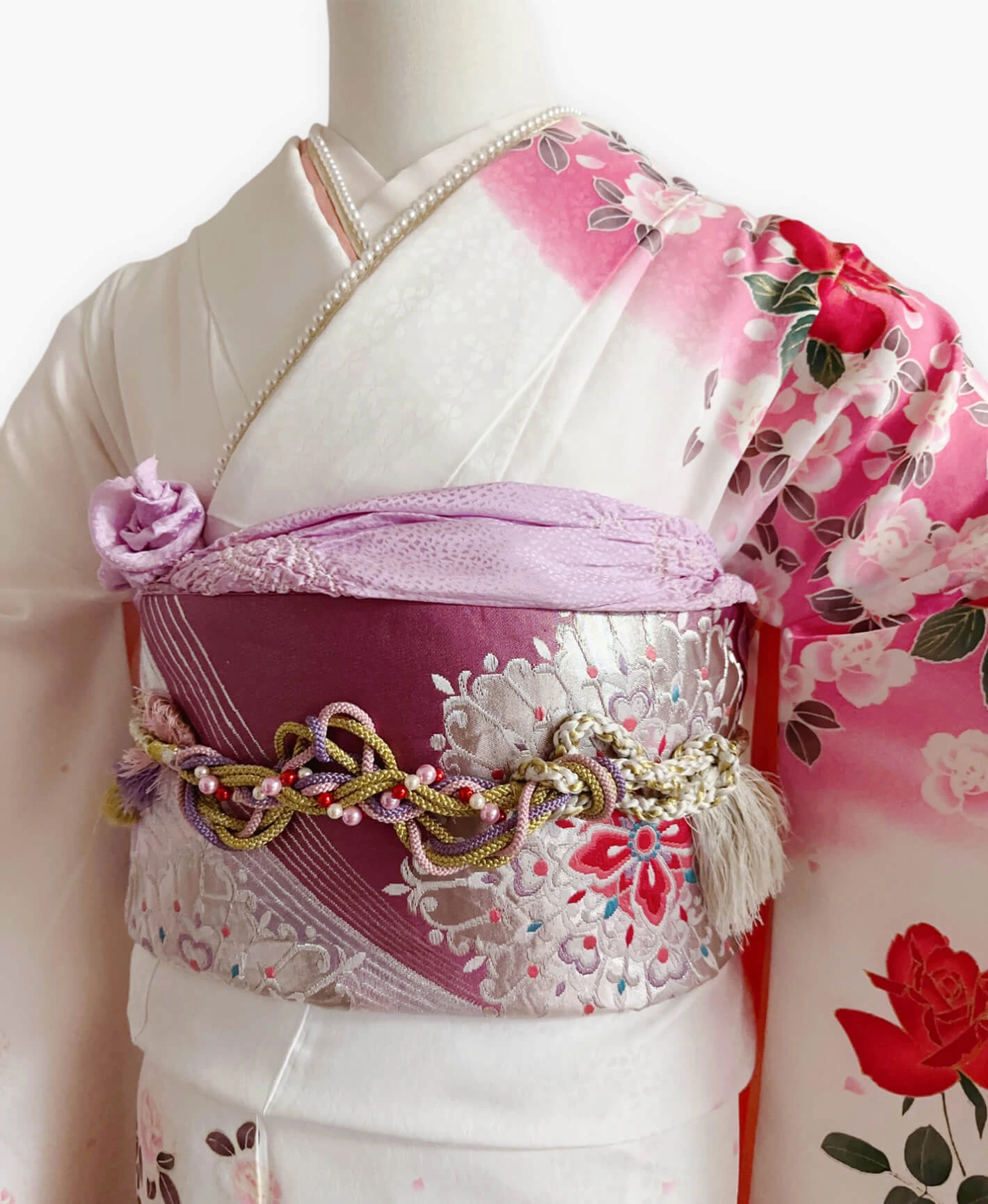 白色 ピンク系 暈し染め 薔薇 花吹雪 振袖レンタル - 画像 3