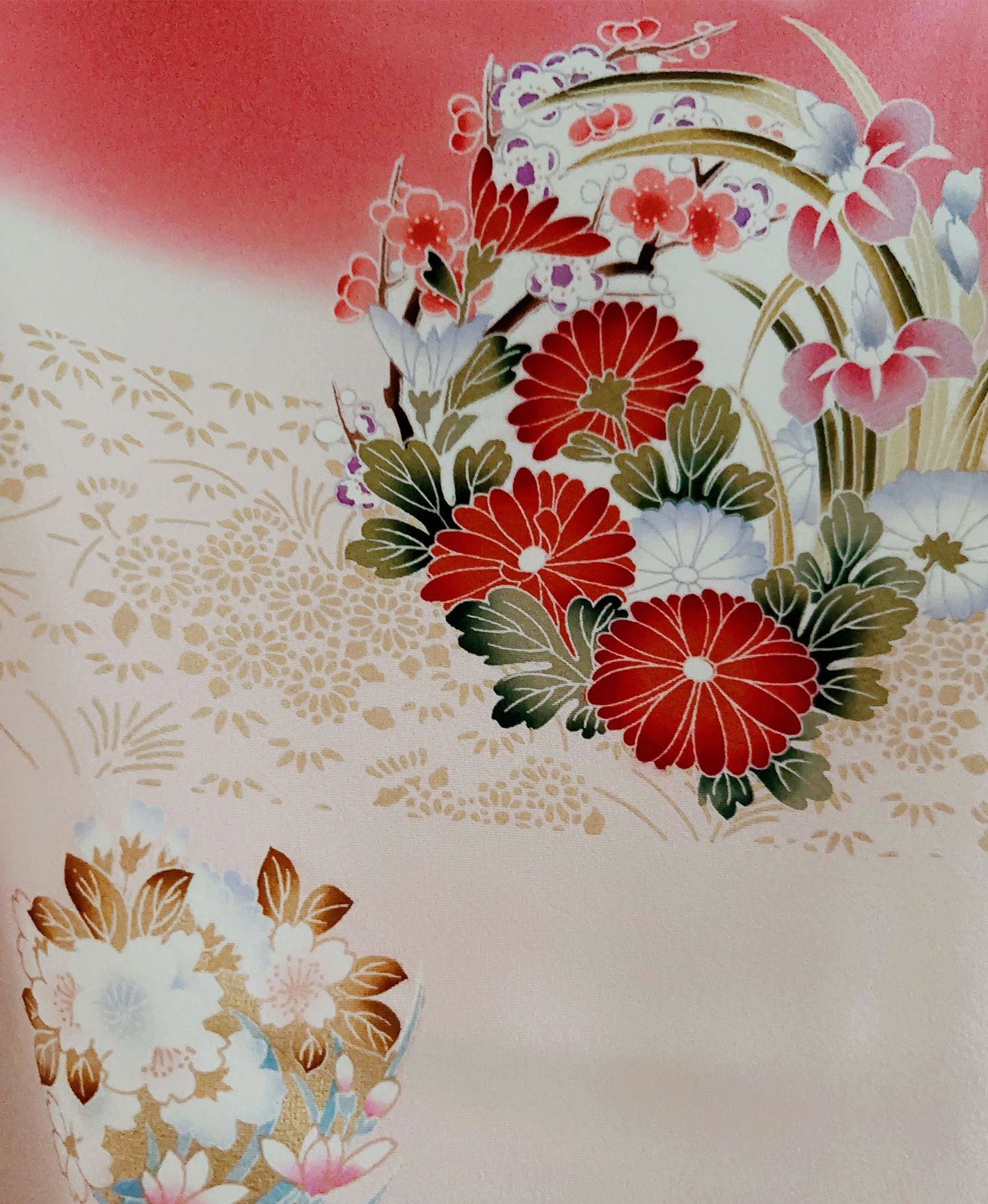 灰桜 ピンク系 暈し染め 金彩 花草 雪輪 振袖レンタル - 画像 8