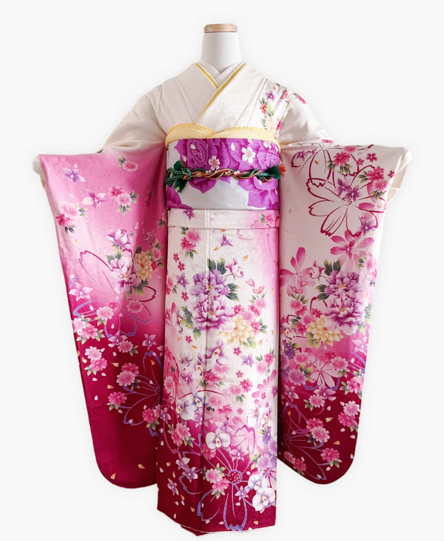 菖蒲色 ピンク系 暈し染め 手描き 百花繚亂 振袖レンタル - 画像 1