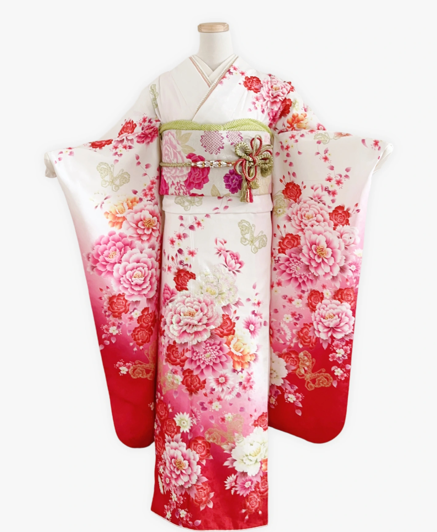白 白系 暈し染め 金彩 牡丹 蝶 百花繚亂 振袖レンタル - 画像 1