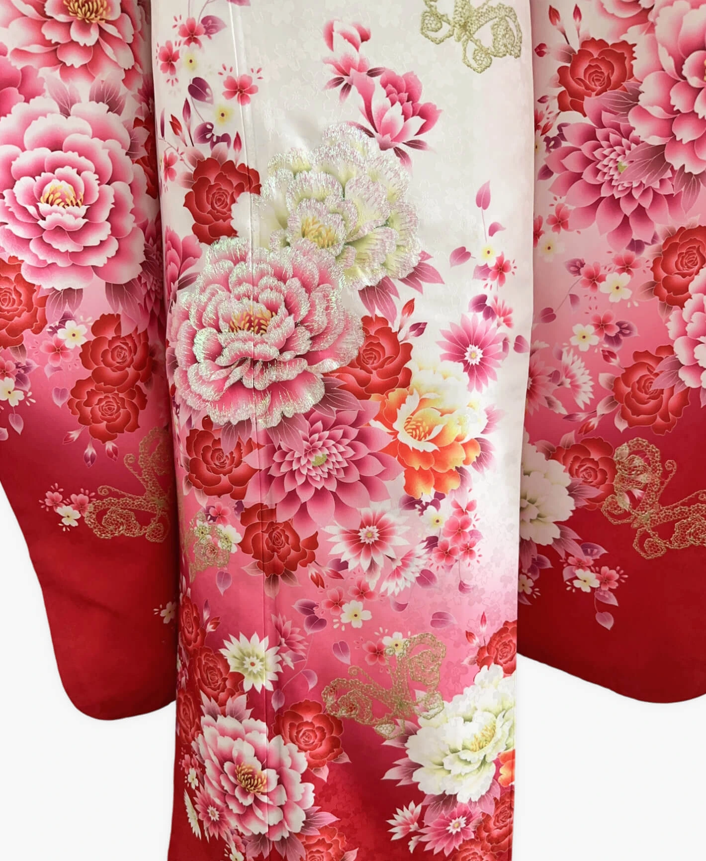 白 白系 暈し染め 金彩 牡丹 蝶 百花繚亂 振袖レンタル - 画像 5