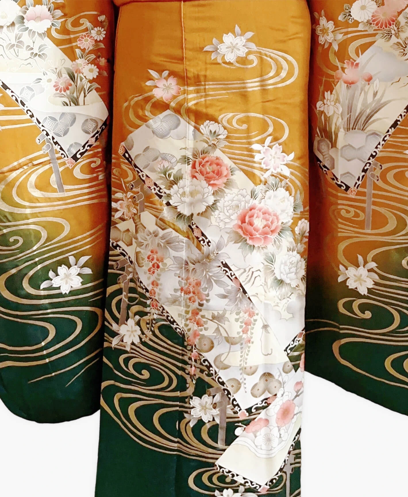 柑子色 黄系 暈し染め 金彩 牡丹 藤 花草 流水 振袖レンタル - 画像 5
