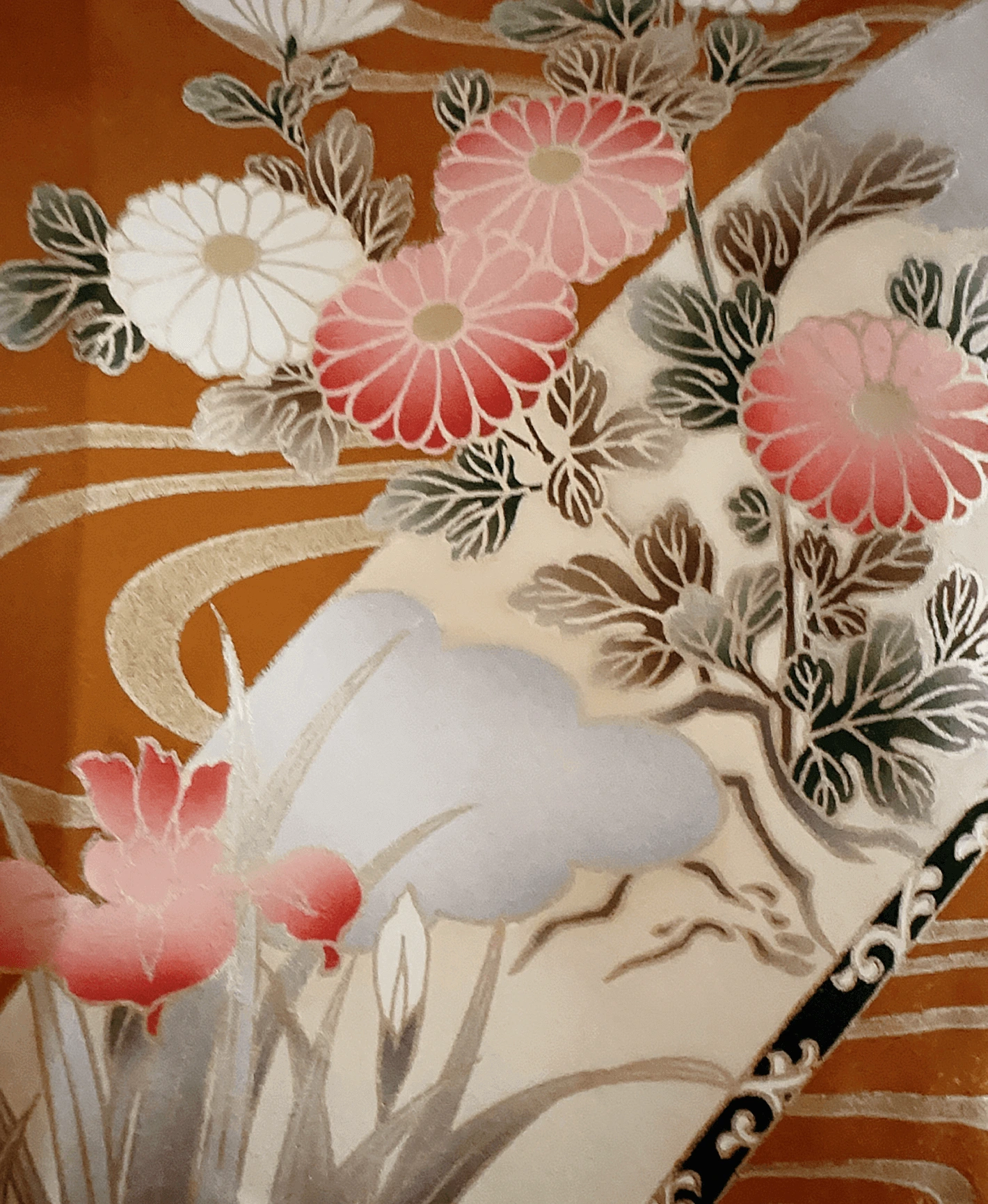 柑子色 黄系 暈し染め 金彩 牡丹 藤 花草 流水 振袖レンタル - 画像 6