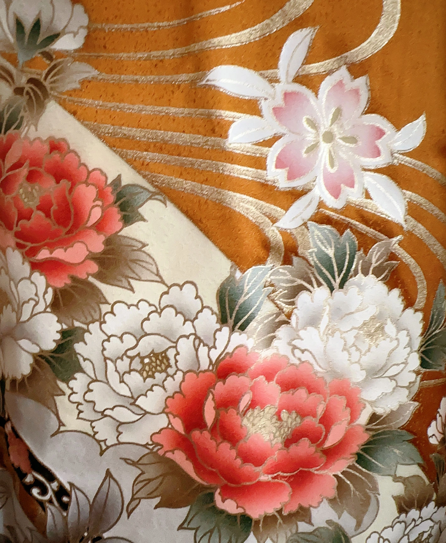 柑子色 黄系 暈し染め 金彩 牡丹 藤 花草 流水 振袖レンタル - 画像 7