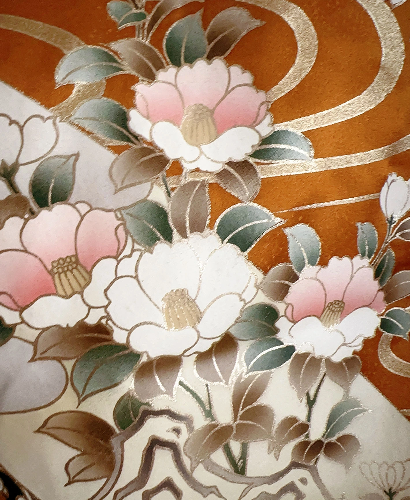 柑子色 黄系 暈し染め 金彩 牡丹 藤 花草 流水 振袖レンタル - 画像 8