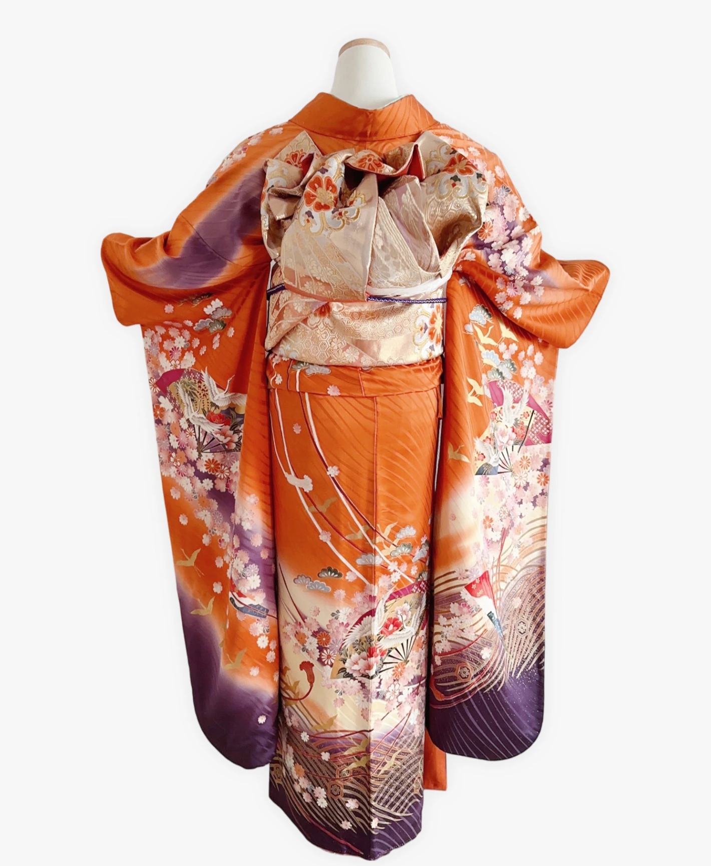黄赤 橙系 暈し染め 金彩 鶴 扇 花草 青海波 振袖レンタル - 画像 2