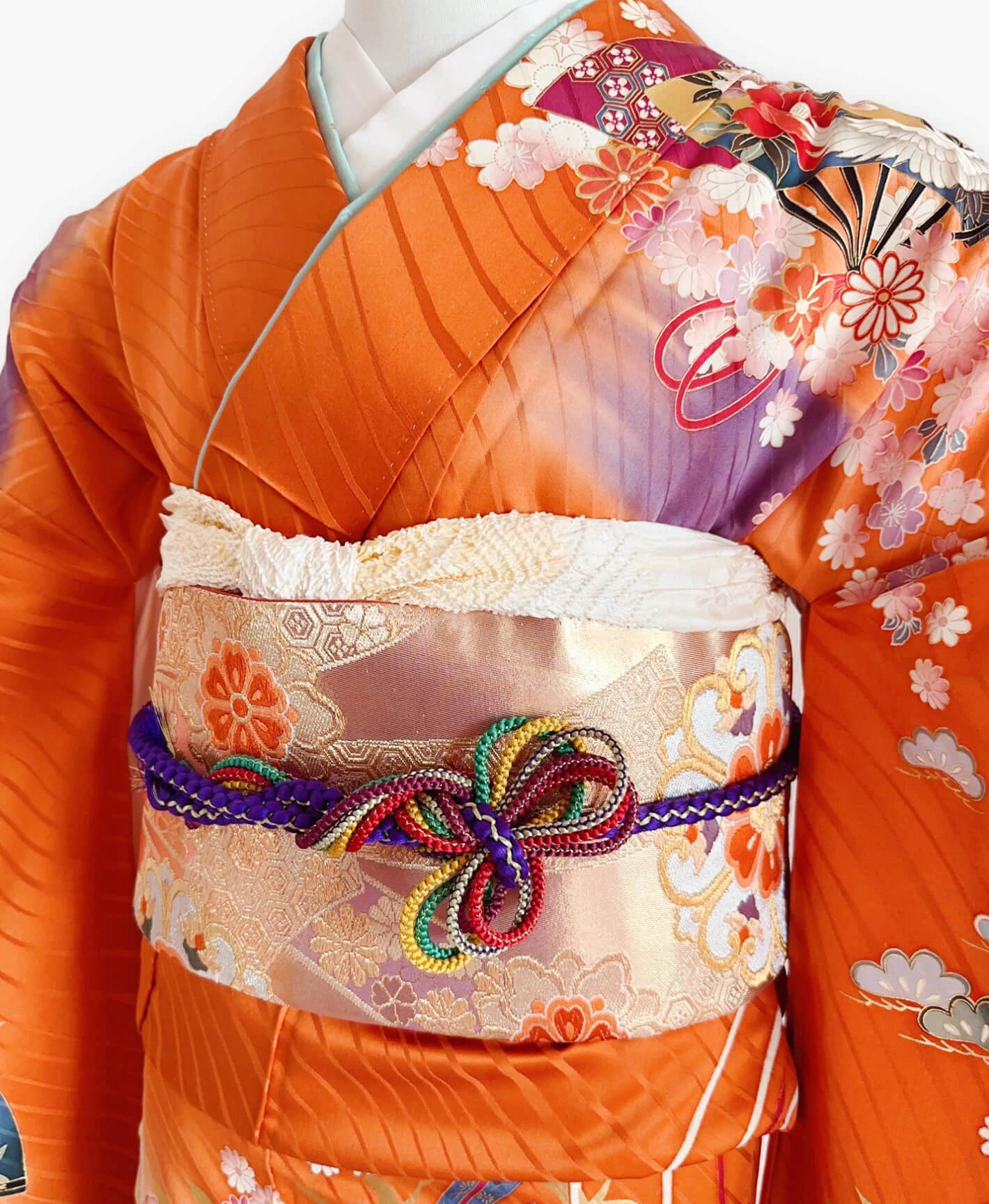 黄赤 橙系 暈し染め 金彩 鶴 扇 花草 青海波 振袖レンタル - 画像 3