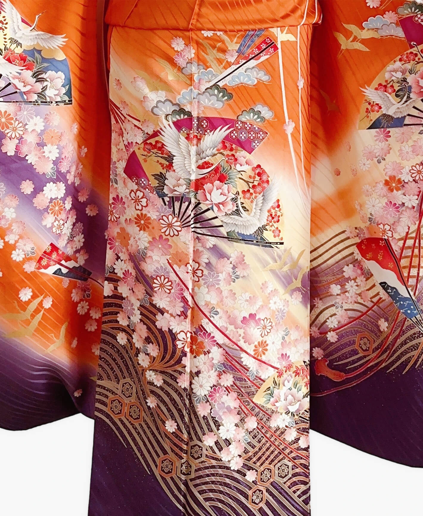 黄赤 橙系 暈し染め 金彩 鶴 扇 花草 青海波 振袖レンタル - 画像 5