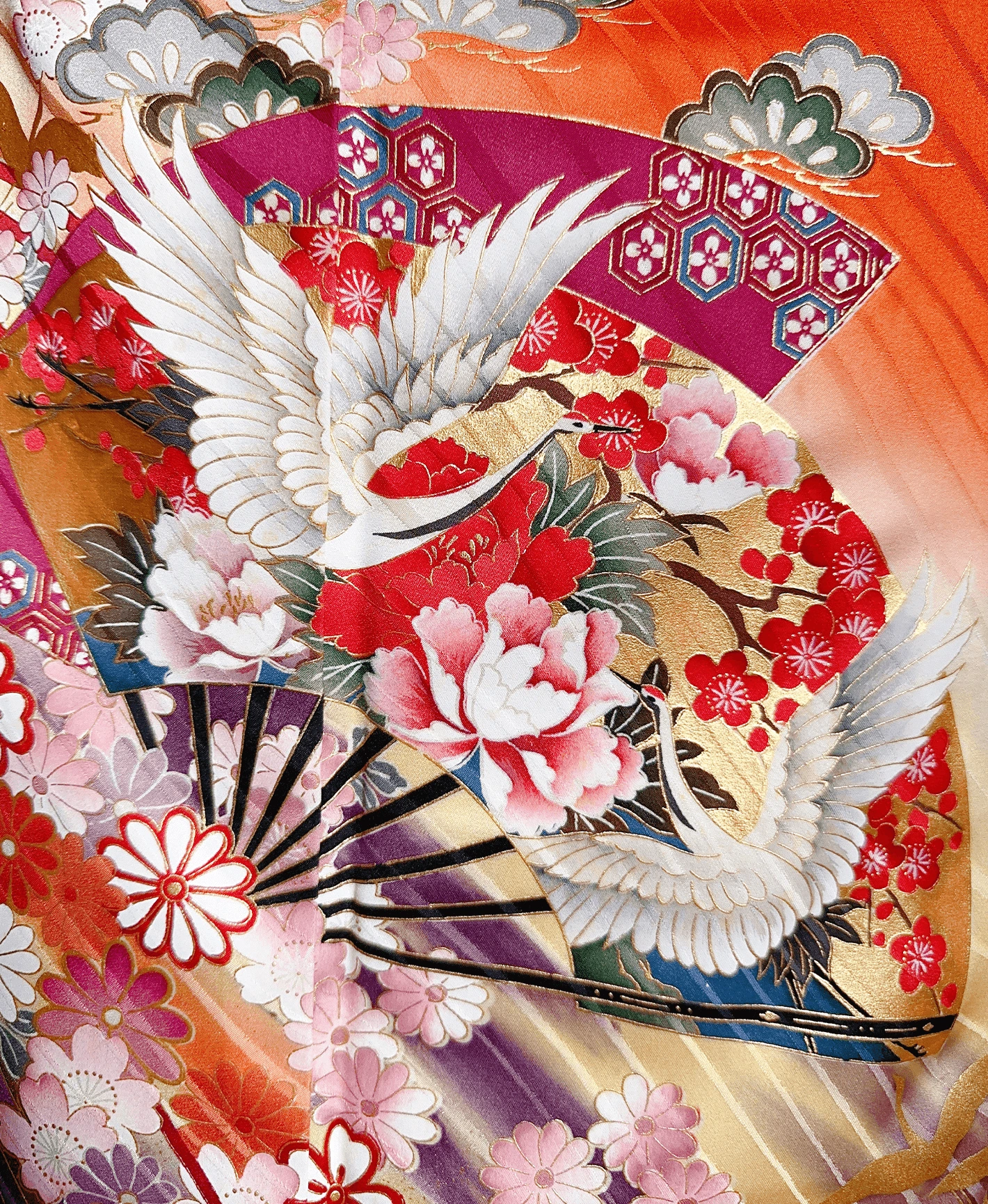 黄赤 橙系 暈し染め 金彩 鶴 扇 花草 青海波 振袖レンタル - 画像 6