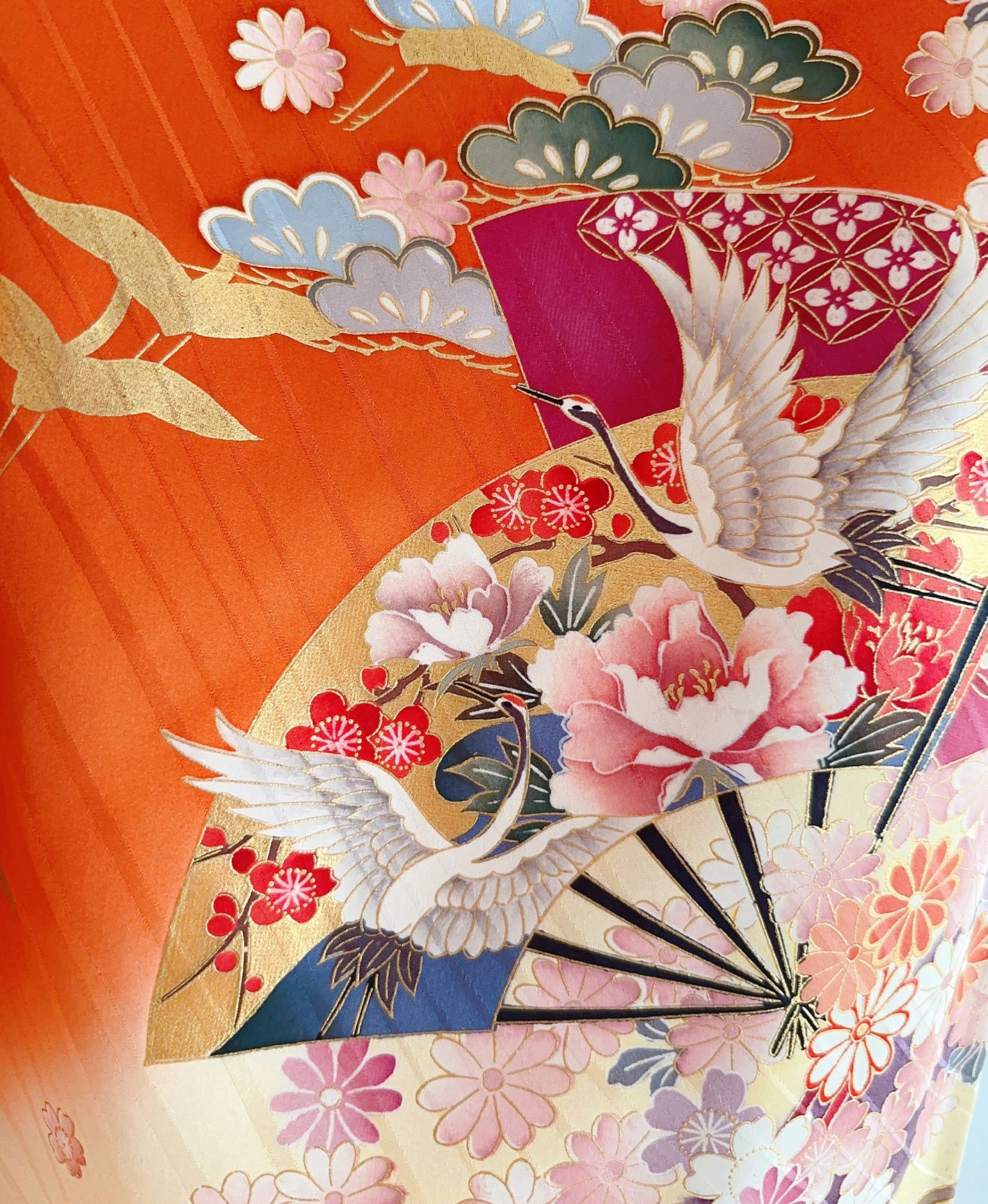 黄赤 橙系 暈し染め 金彩 鶴 扇 花草 青海波 振袖レンタル - 画像 7