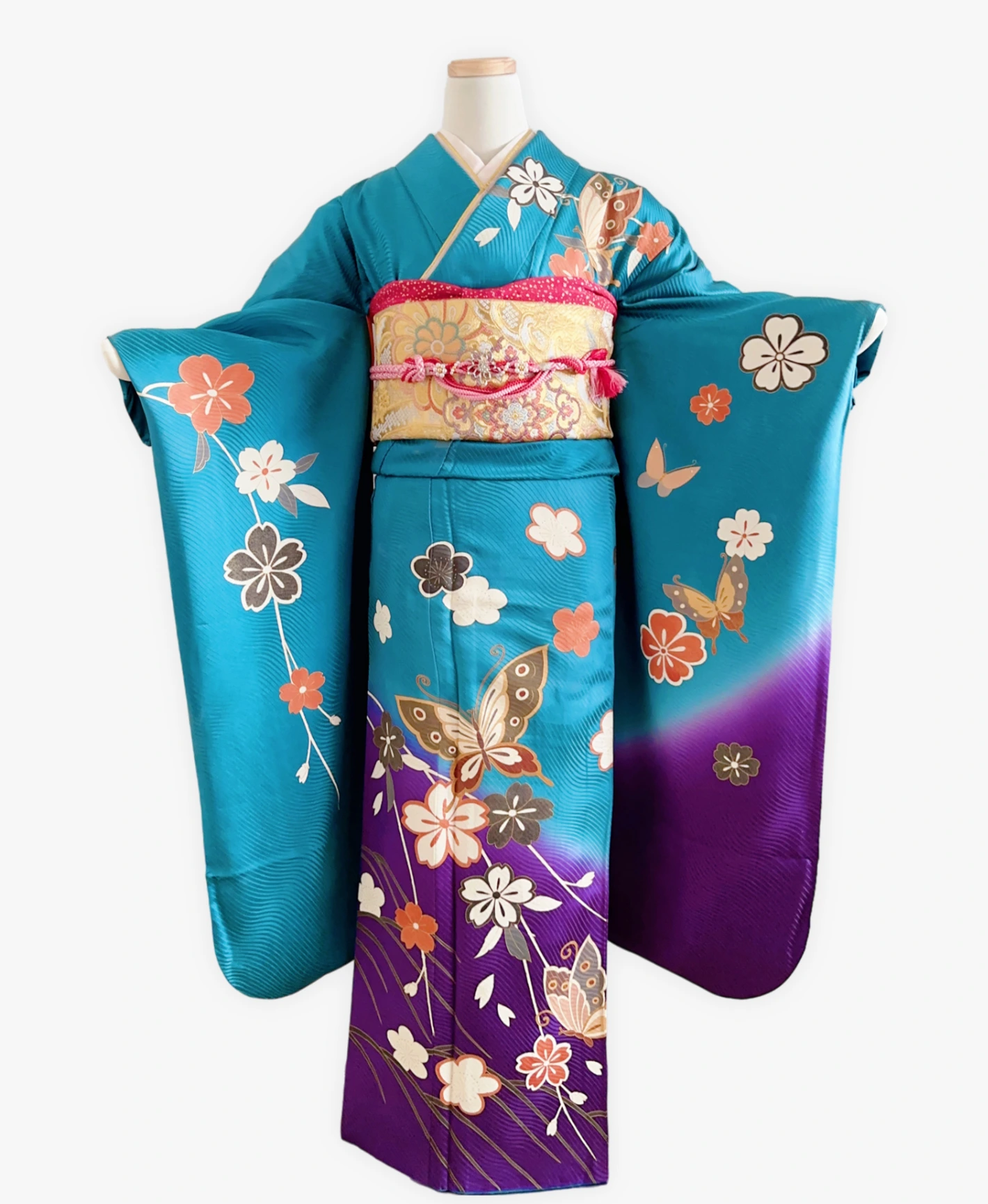 納戸色 青系 暈し染め 金彩 枝垂れ桜 蝶 振袖レンタル - 画像 1