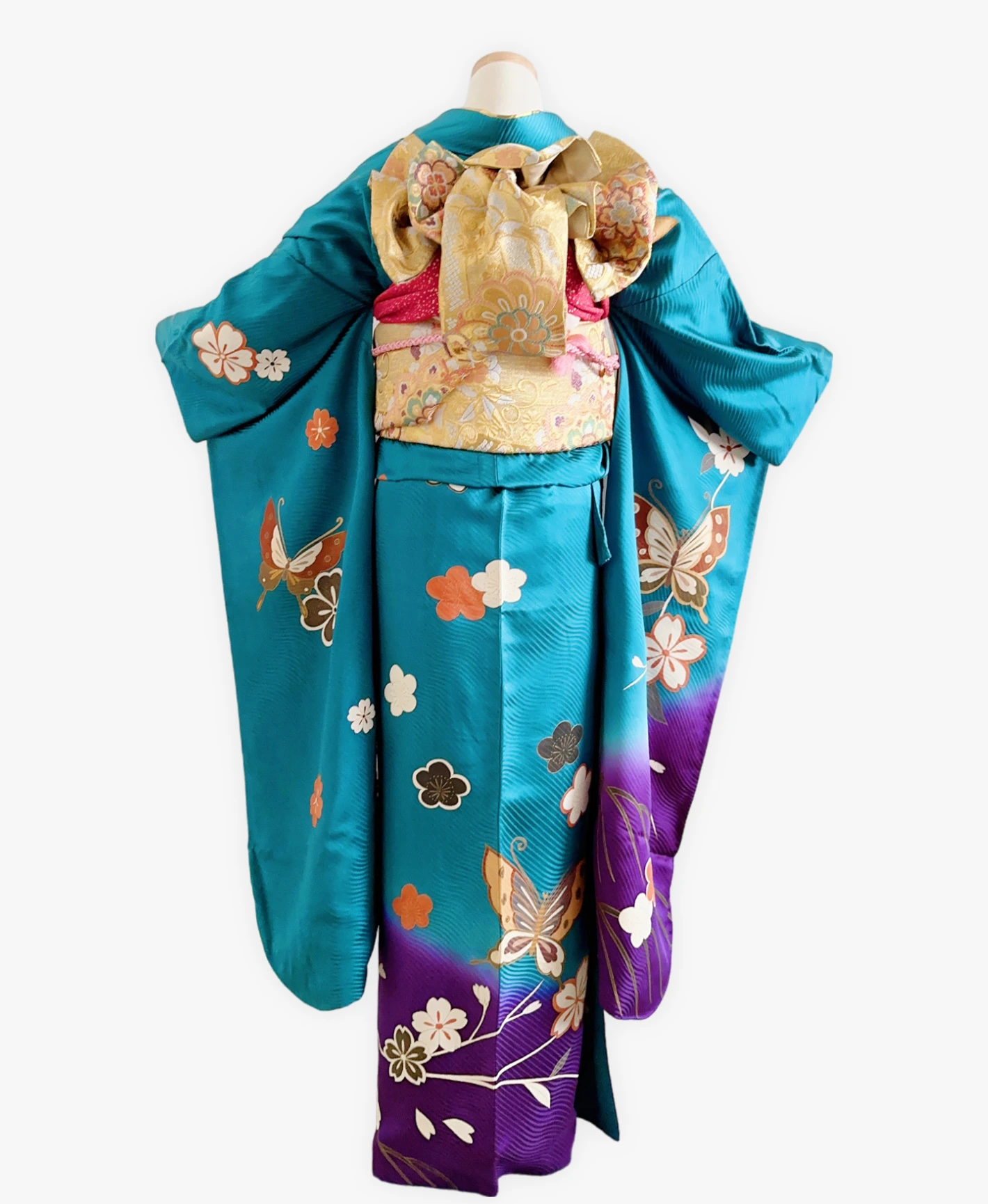 納戸色 青系 暈し染め 金彩 枝垂れ桜 蝶 振袖レンタル - 画像 2