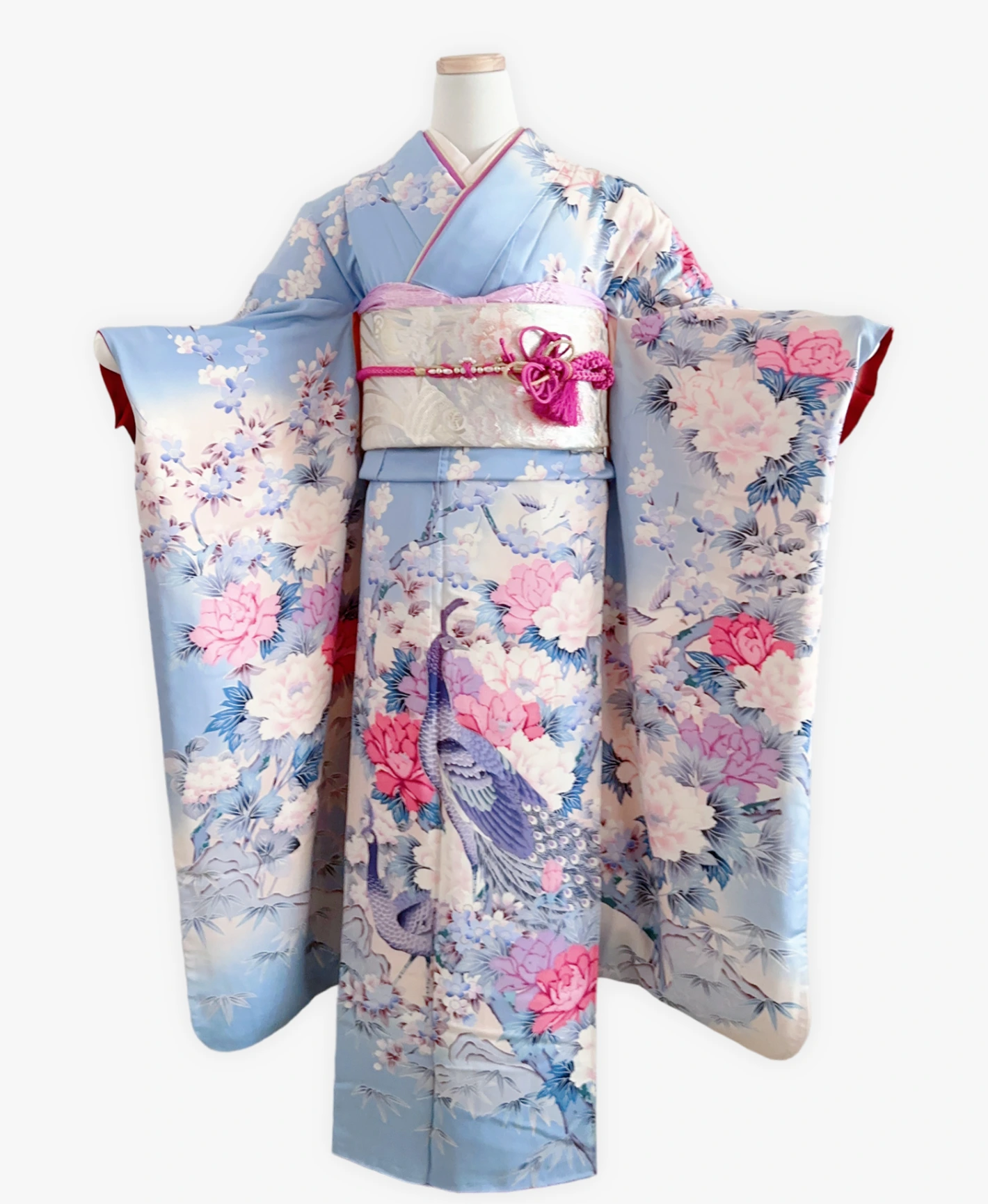 勿忘草色 青系 暈し染め 手描き 牡丹 花草 孔雀 振袖レンタル - 画像 1