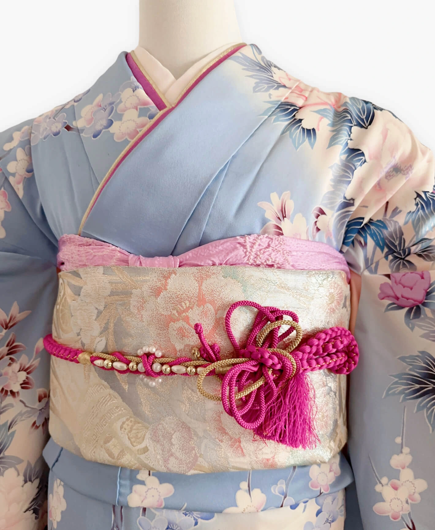 勿忘草色 青系 暈し染め 手描き 牡丹 花草 孔雀 振袖レンタル - 画像 3