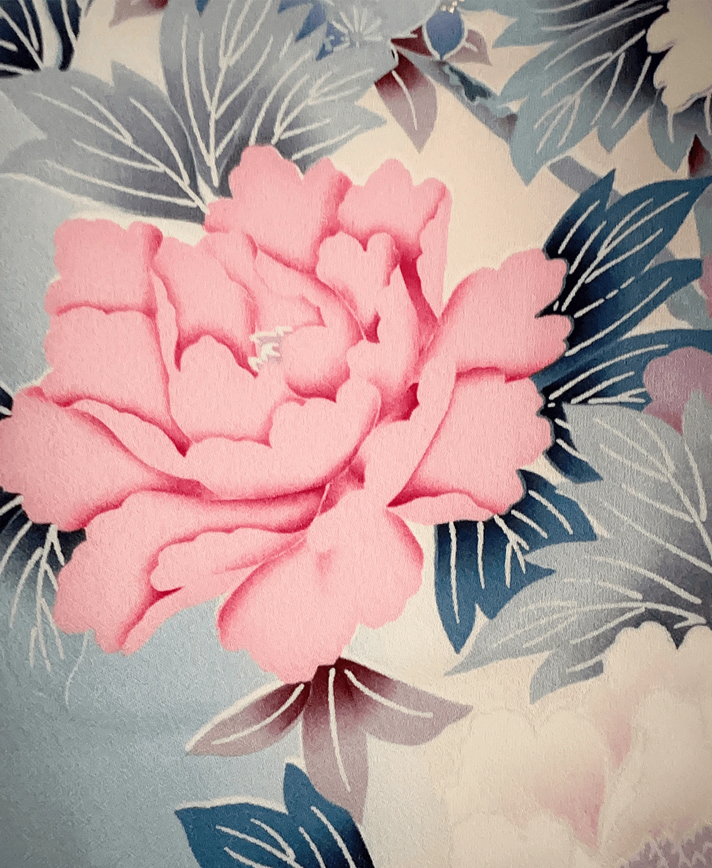 勿忘草色 青系 暈し染め 手描き 牡丹 花草 孔雀 振袖レンタル - 画像 6