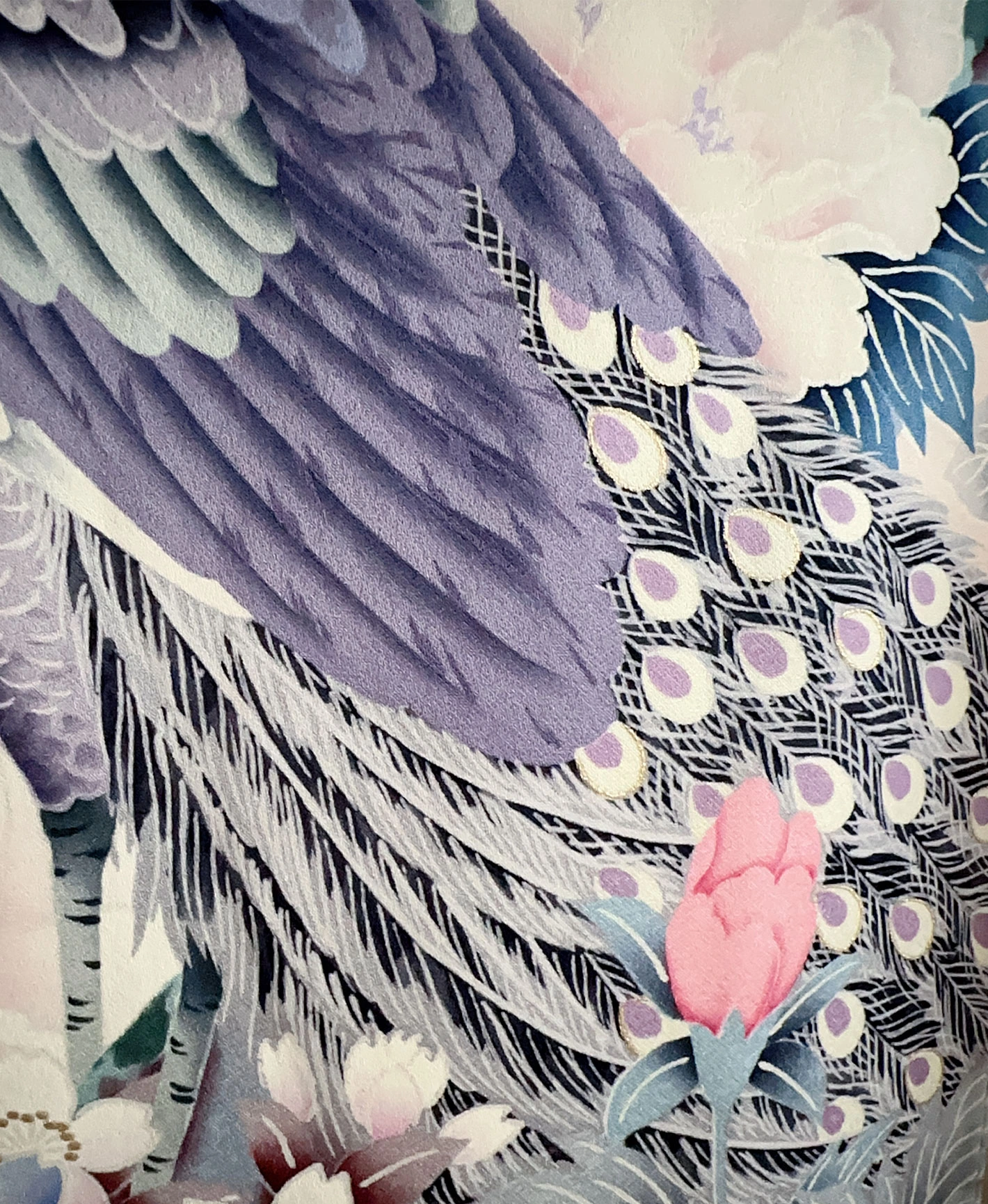 勿忘草色 青系 暈し染め 手描き 牡丹 花草 孔雀 振袖レンタル - 画像 8