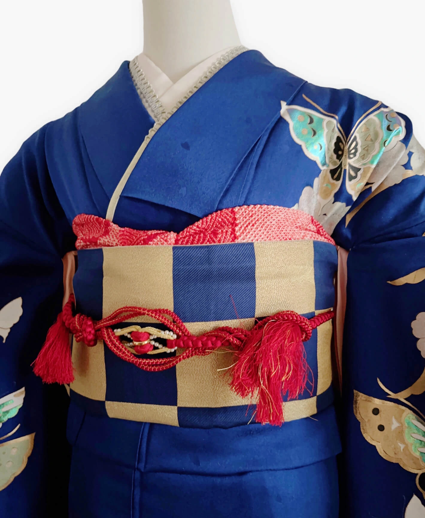瑠璃紺 青系 暈し染め 金彩 螺鈿風 竹 蝶 振袖レンタル - 画像 3