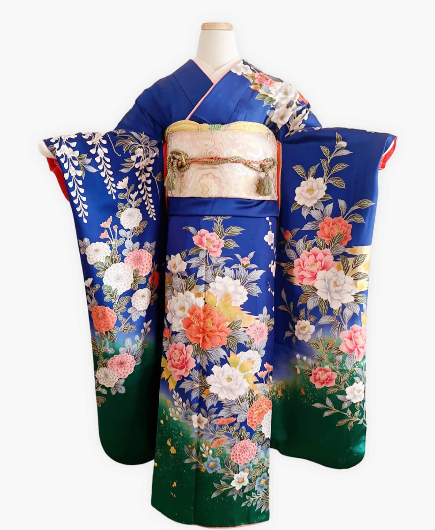 瑠璃色 青系 暈し染め 金彩 牡丹 藤 花草 振袖レンタル - 画像 1