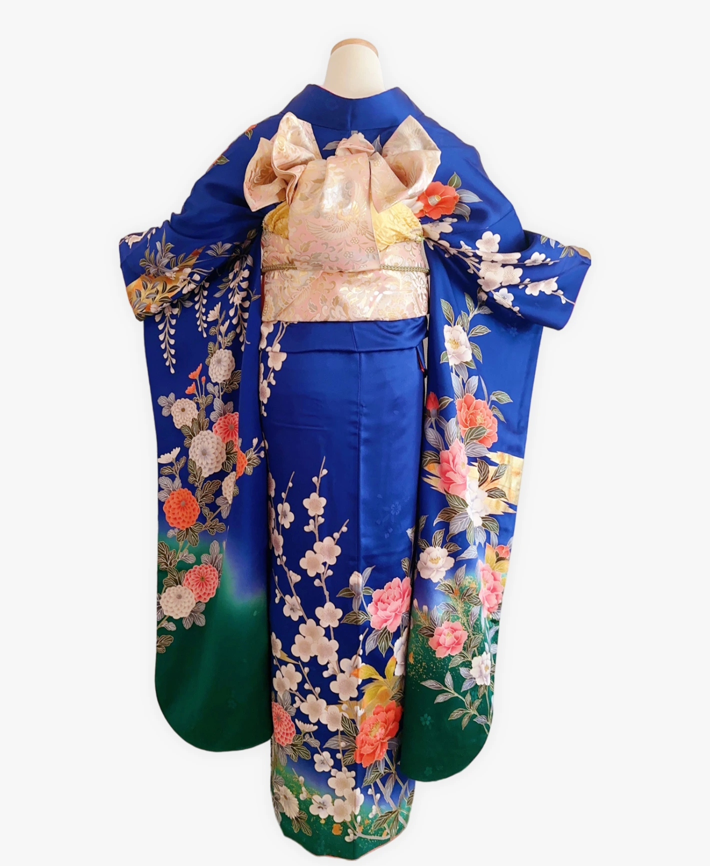 瑠璃色 青系 暈し染め 金彩 牡丹 藤 花草 振袖レンタル - 画像 2