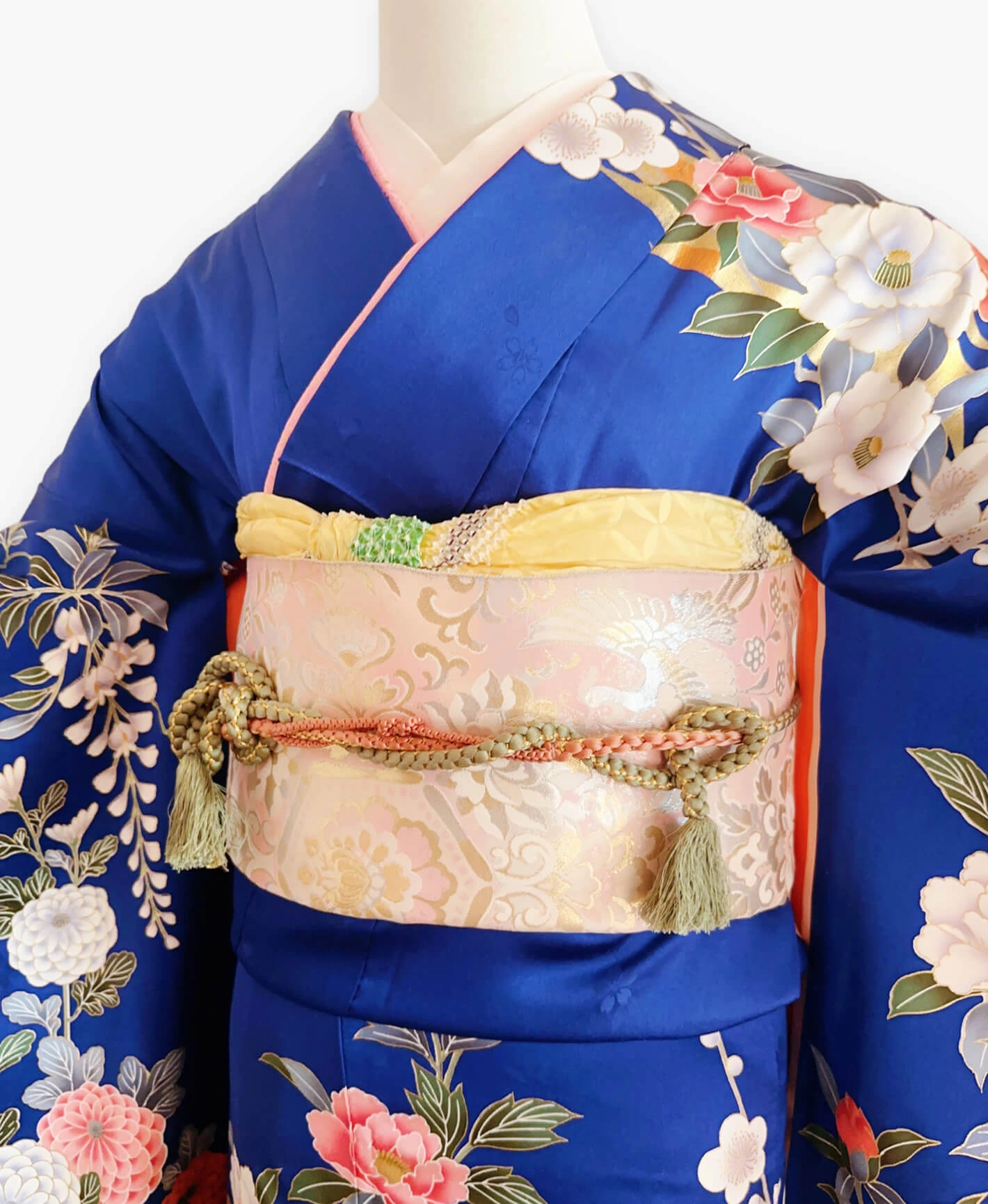 瑠璃色 青系 暈し染め 金彩 牡丹 藤 花草 振袖レンタル - 画像 3