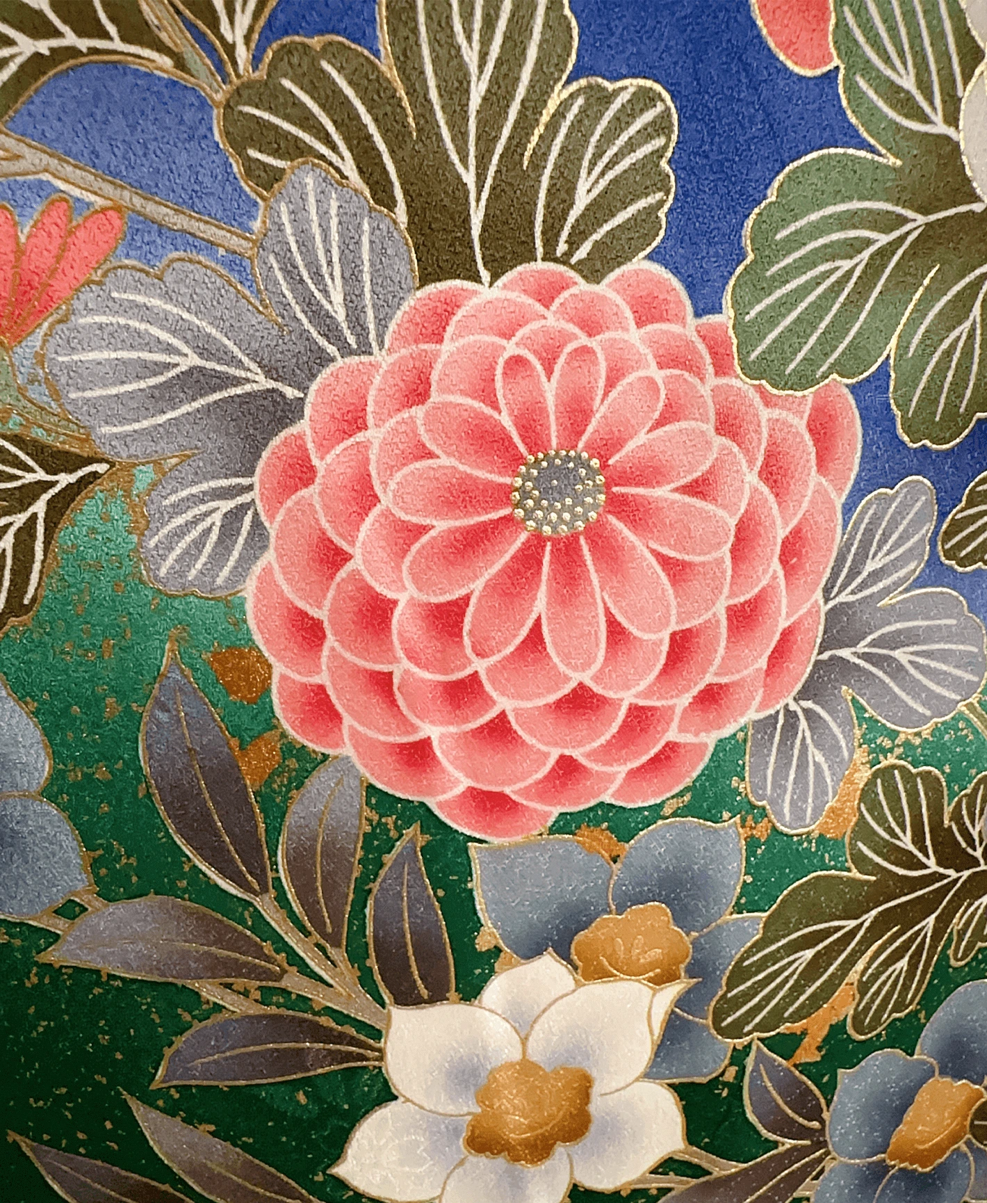 瑠璃色 青系 暈し染め 金彩 牡丹 藤 花草 振袖レンタル - 画像 6