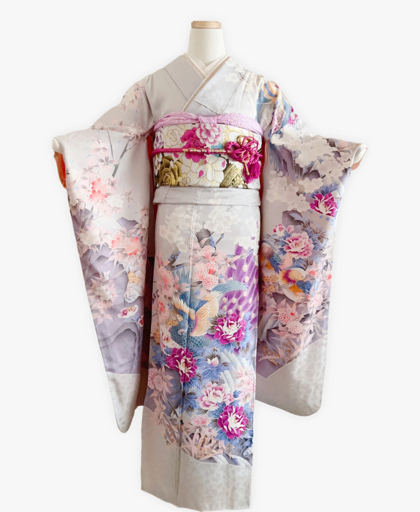 白梅鼠 灰系 暈し染め 鴛鴦 梅 花草 風景 振袖レンタル - 画像 1