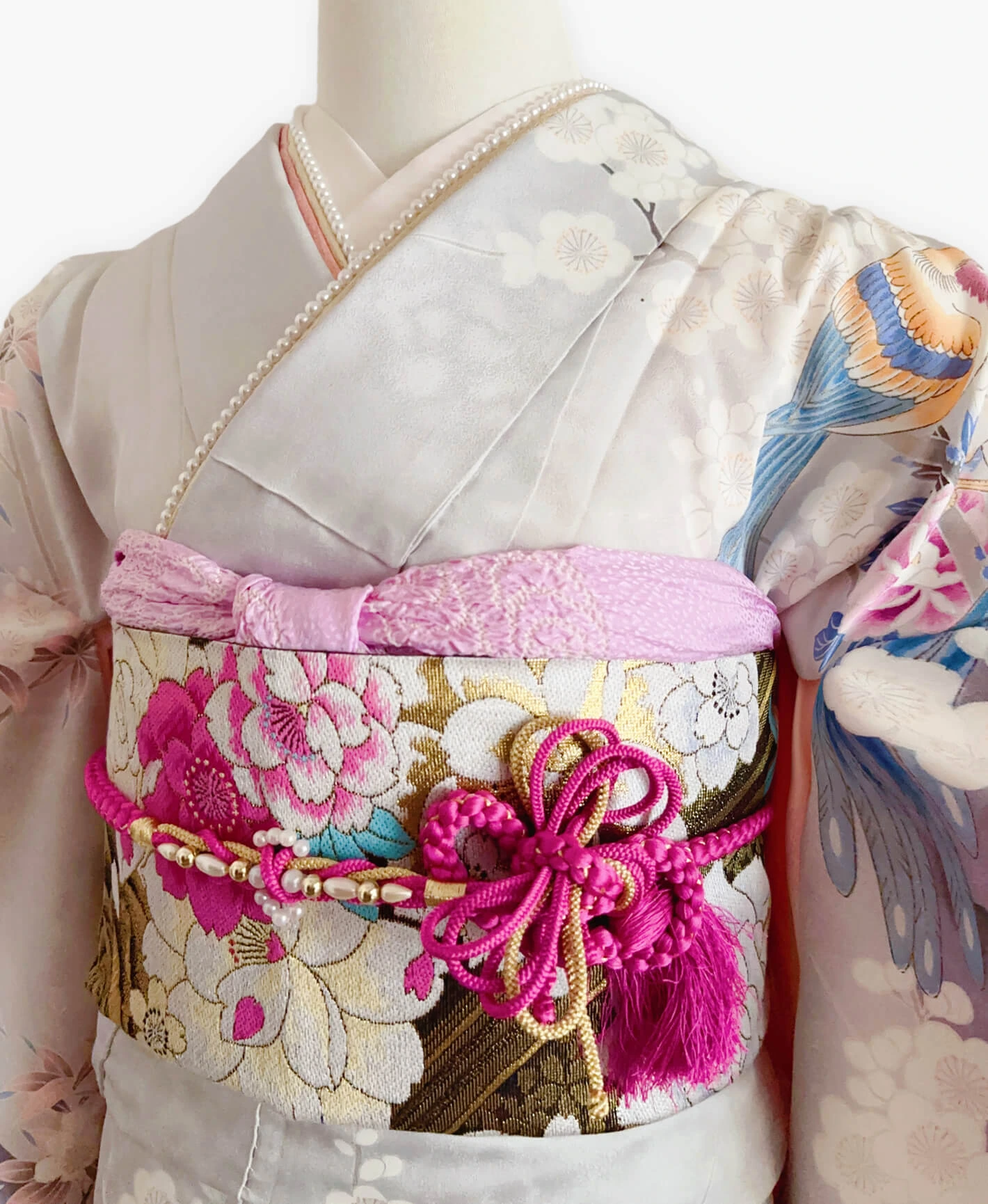 白梅鼠 灰系 暈し染め 鴛鴦 梅 花草 風景 振袖レンタル - 画像 3
