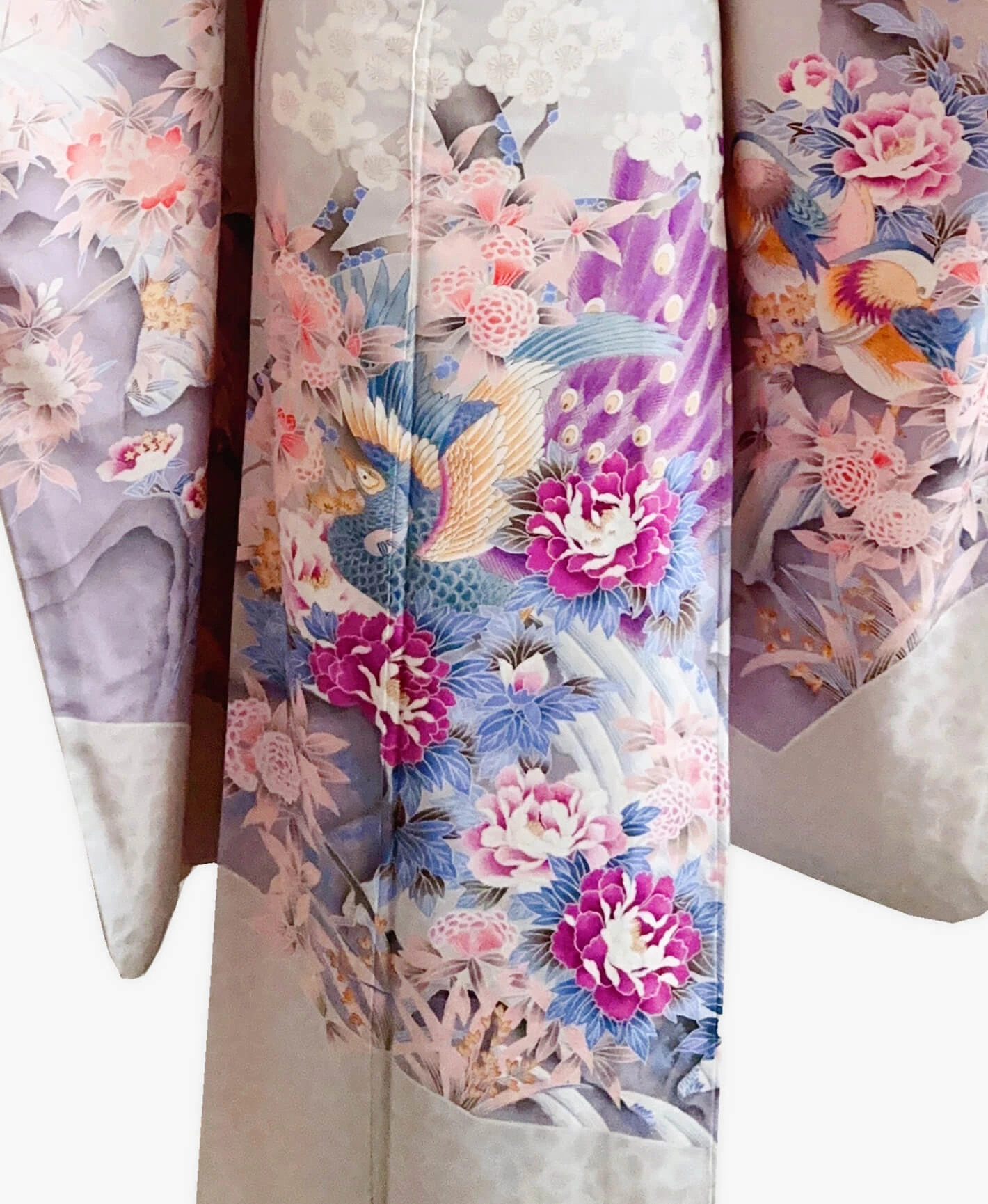 白梅鼠 灰系 暈し染め 鴛鴦 梅 花草 風景 振袖レンタル - 画像 5
