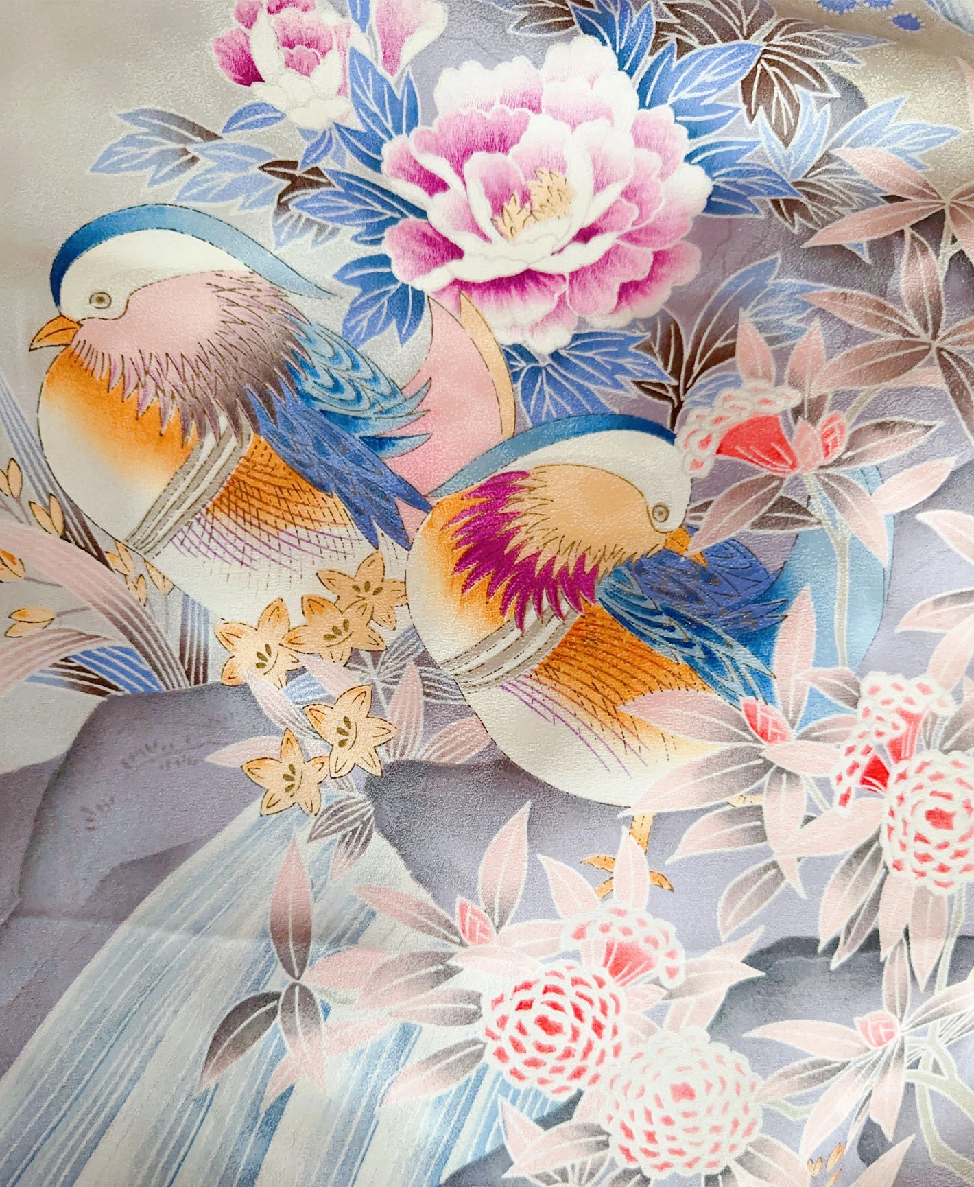 白梅鼠 灰系 暈し染め 鴛鴦 梅 花草 風景 振袖レンタル - 画像 7